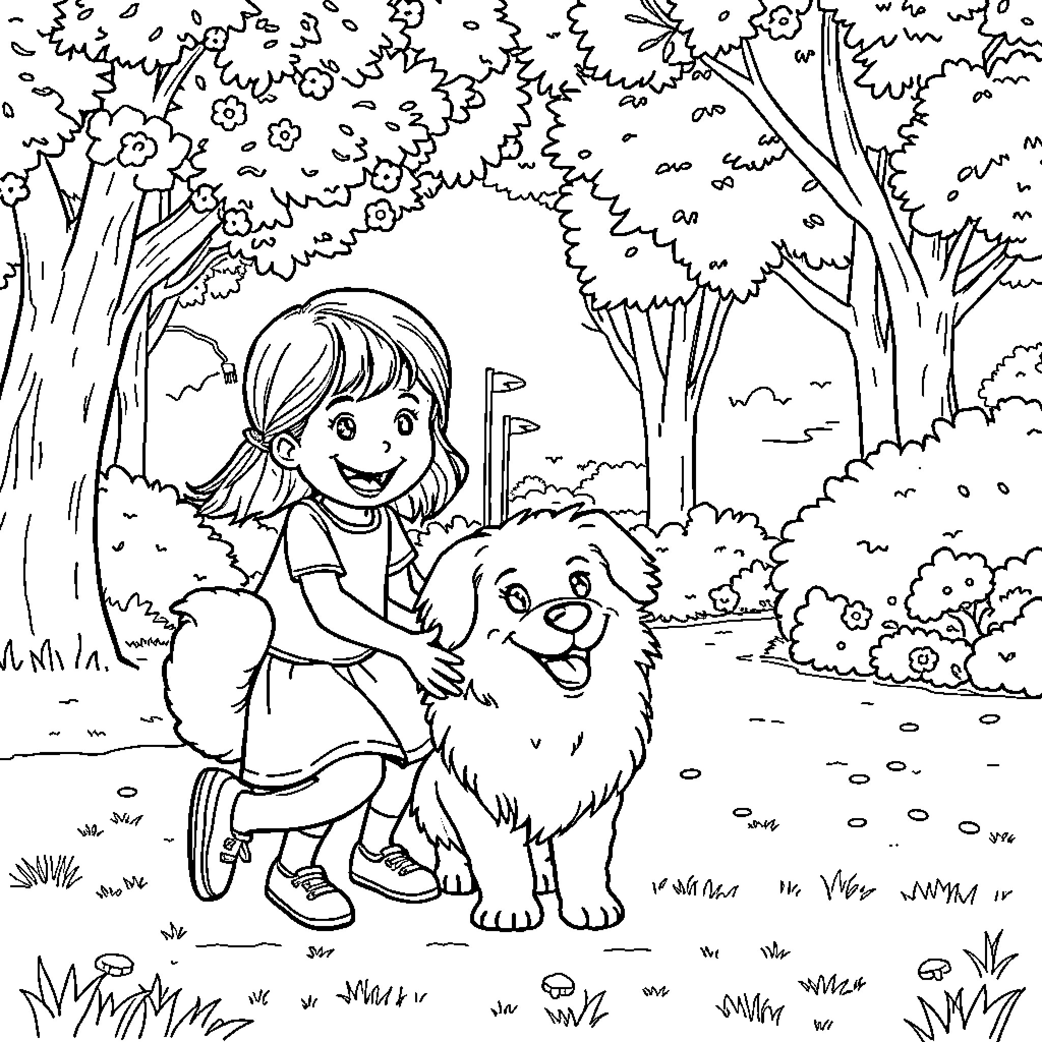 Girl Explores Forested Scene with Friendly Dog Coloring Page (free black-and-white line drawing printable PDF for all, from beginners to advanced learners, including children, teens, adults, and seniors)