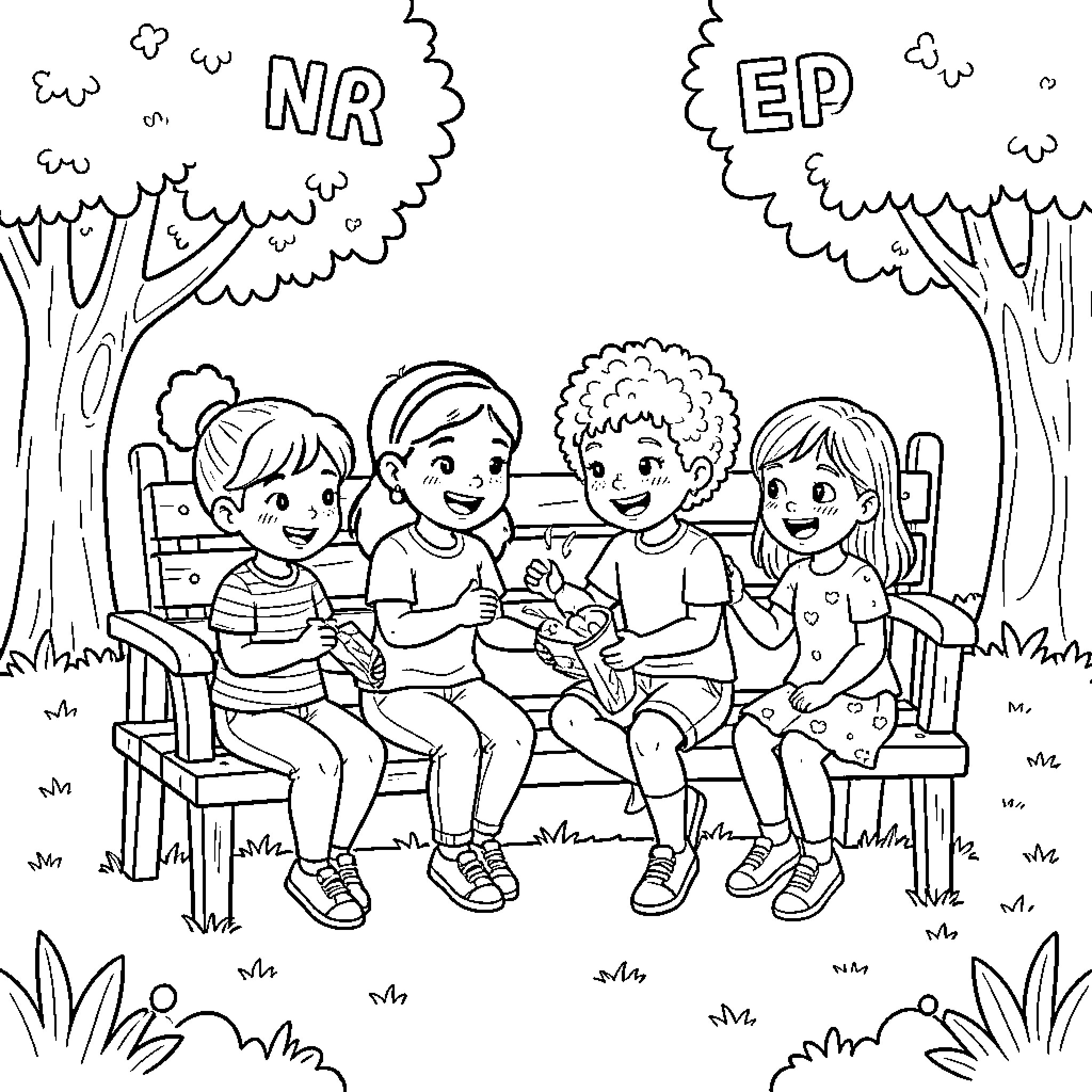 Friendship as children enjoy snacks on a park bench Coloring Page (free black-and-white line drawing printable PDF for all, from beginners to advanced learners, including children, teens, adults, and seniors)