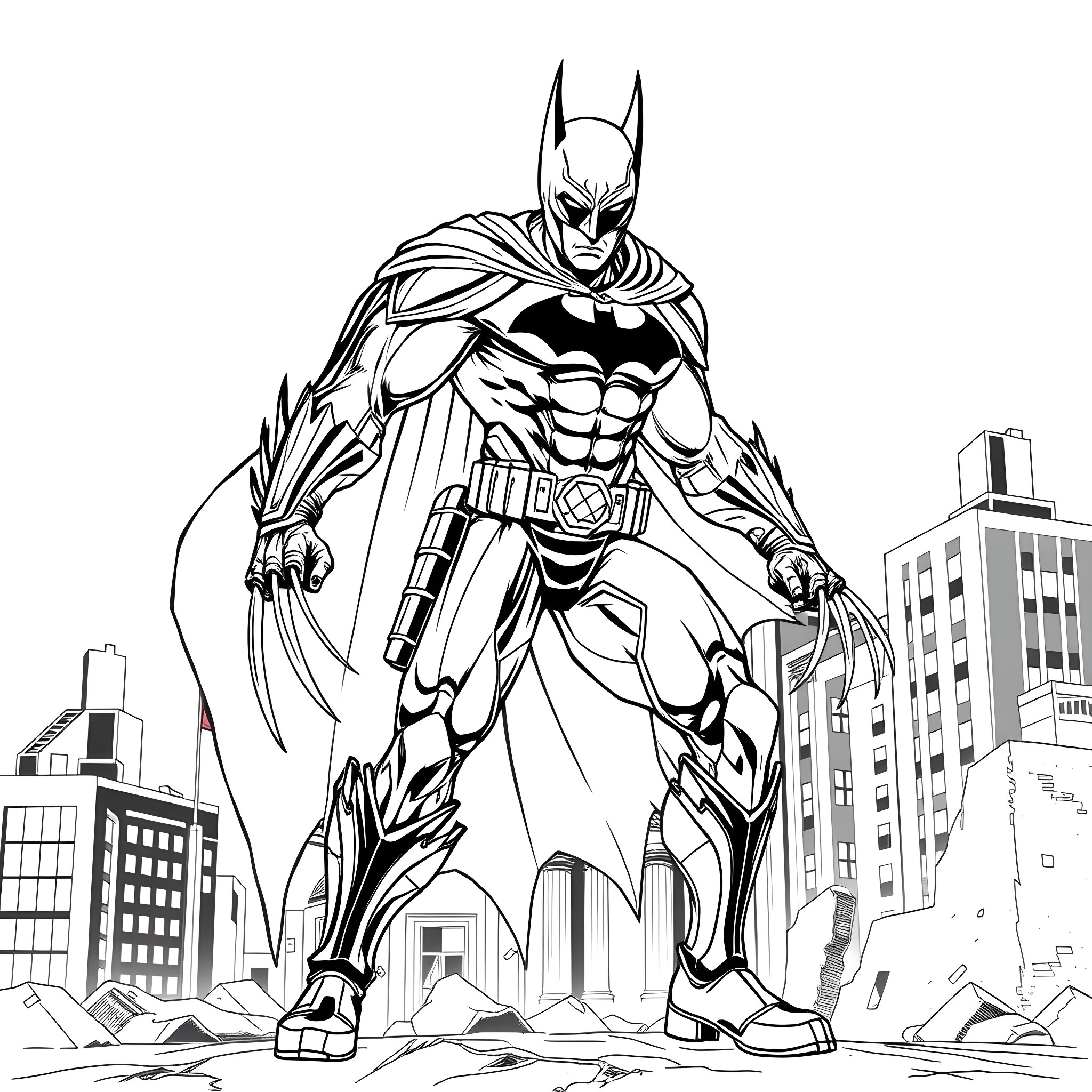 Batman Wolverine Team Up In Gotham City Coloring Page (free black-and-white line drawing printable PDF for all, from beginners to advanced learners, including children, teens, adults, and seniors)