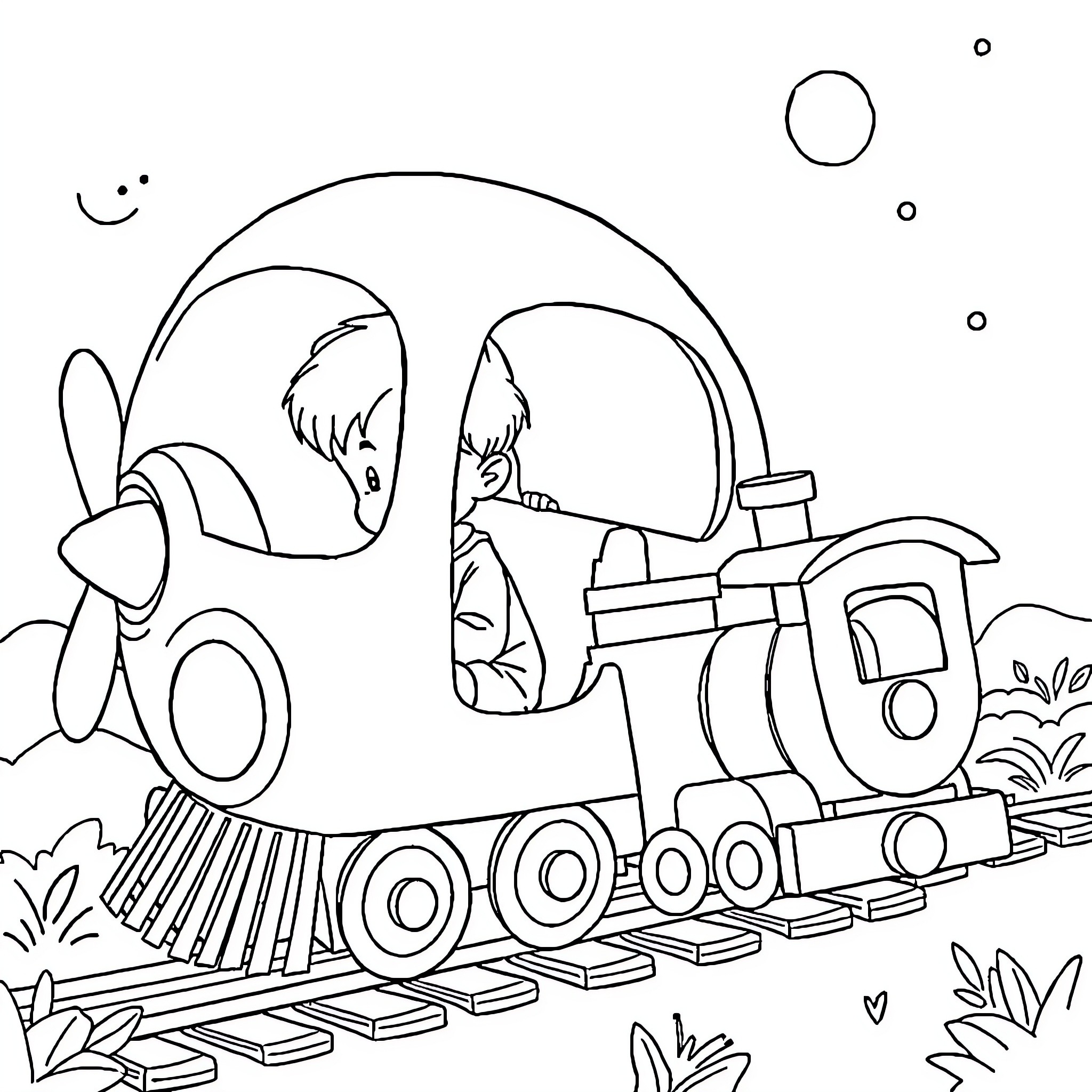 Niño riding a toy train in the park Coloring Page (free black-and-white line drawing printable PDF for all, from beginners to advanced learners, including children, teens, adults, and seniors)