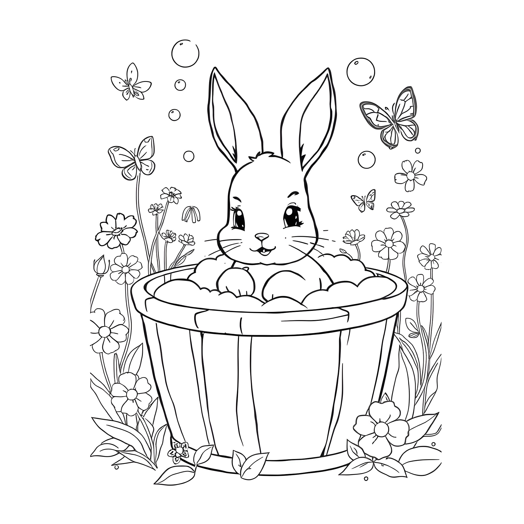 Bunny nestled in a flower pot with butterflies Coloring Page (free black-and-white line drawing printable PDF for all, from beginners to advanced learners, including children, teens, adults, and seniors)