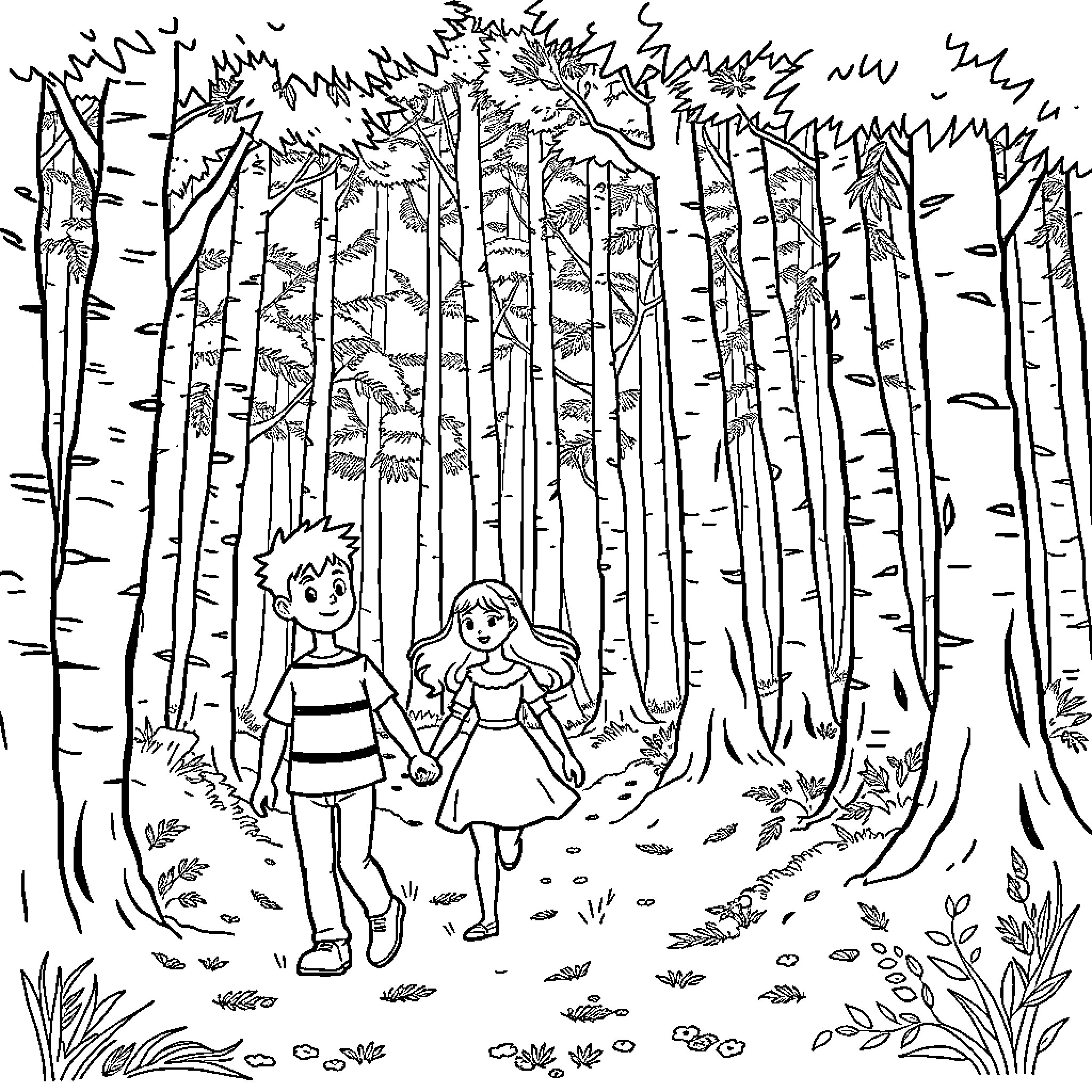 Jack and Sally exploring the enchanted forest Coloring Page (free black-and-white line drawing printable PDF for all, from beginners to advanced learners, including children, teens, adults, and seniors)