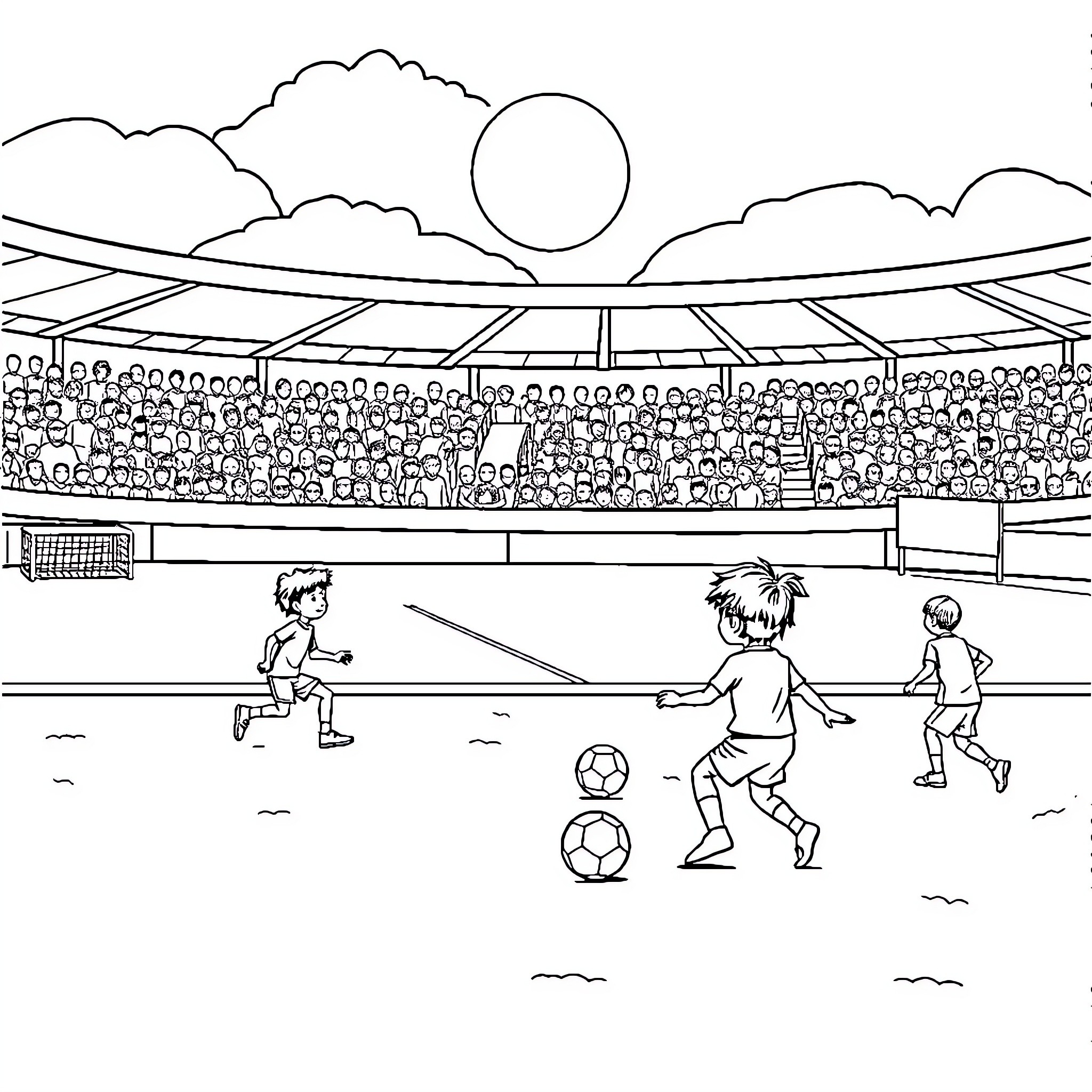 Playa Soccer Match in the Stadium Coloring Page (free black-and-white line drawing printable PDF for all, from beginners to advanced learners, including children, teens, adults, and seniors)