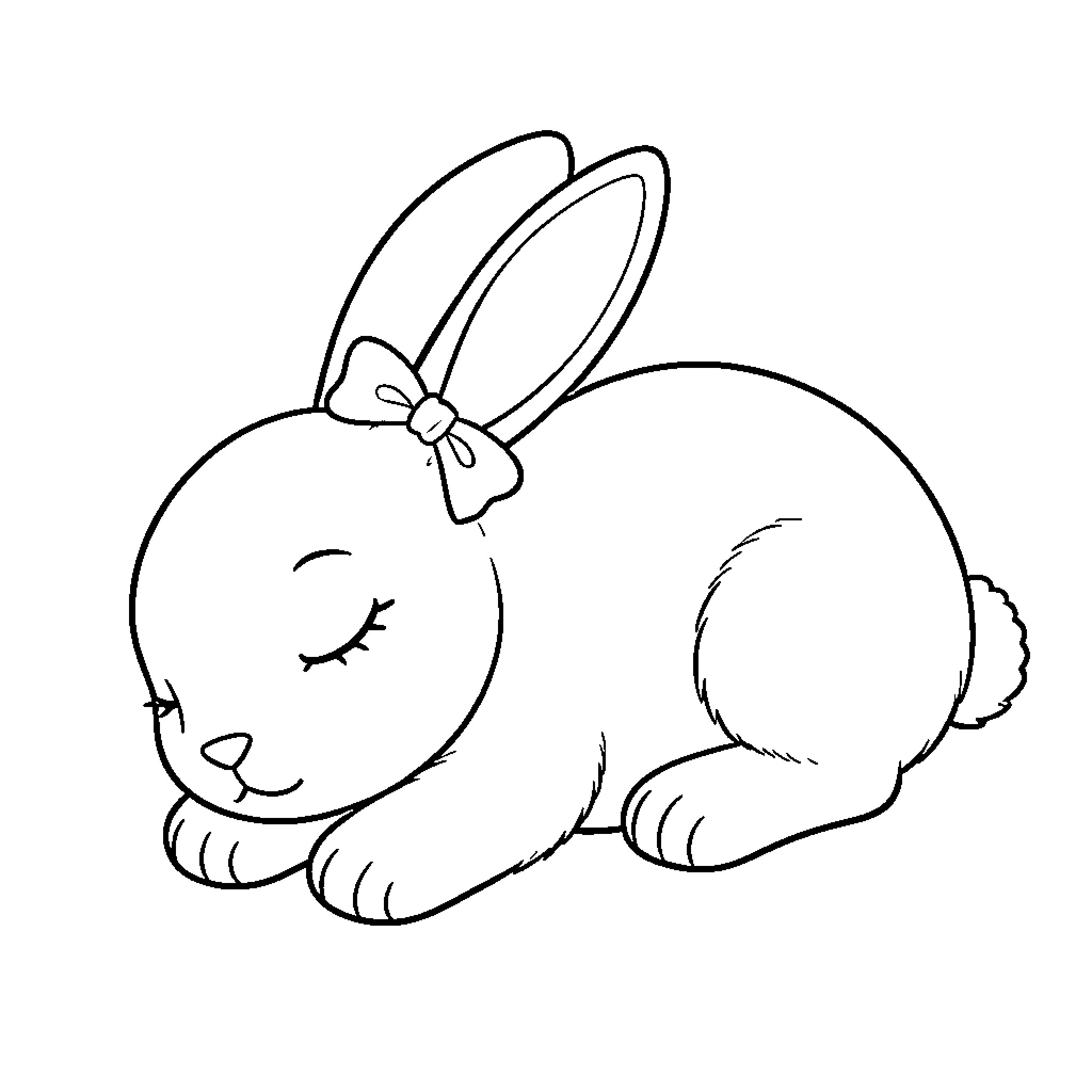 Rabbit with a bow resting peacefully Coloring Page (free black-and-white line drawing printable PDF for all, from beginners to advanced learners, including children, teens, adults, and seniors)