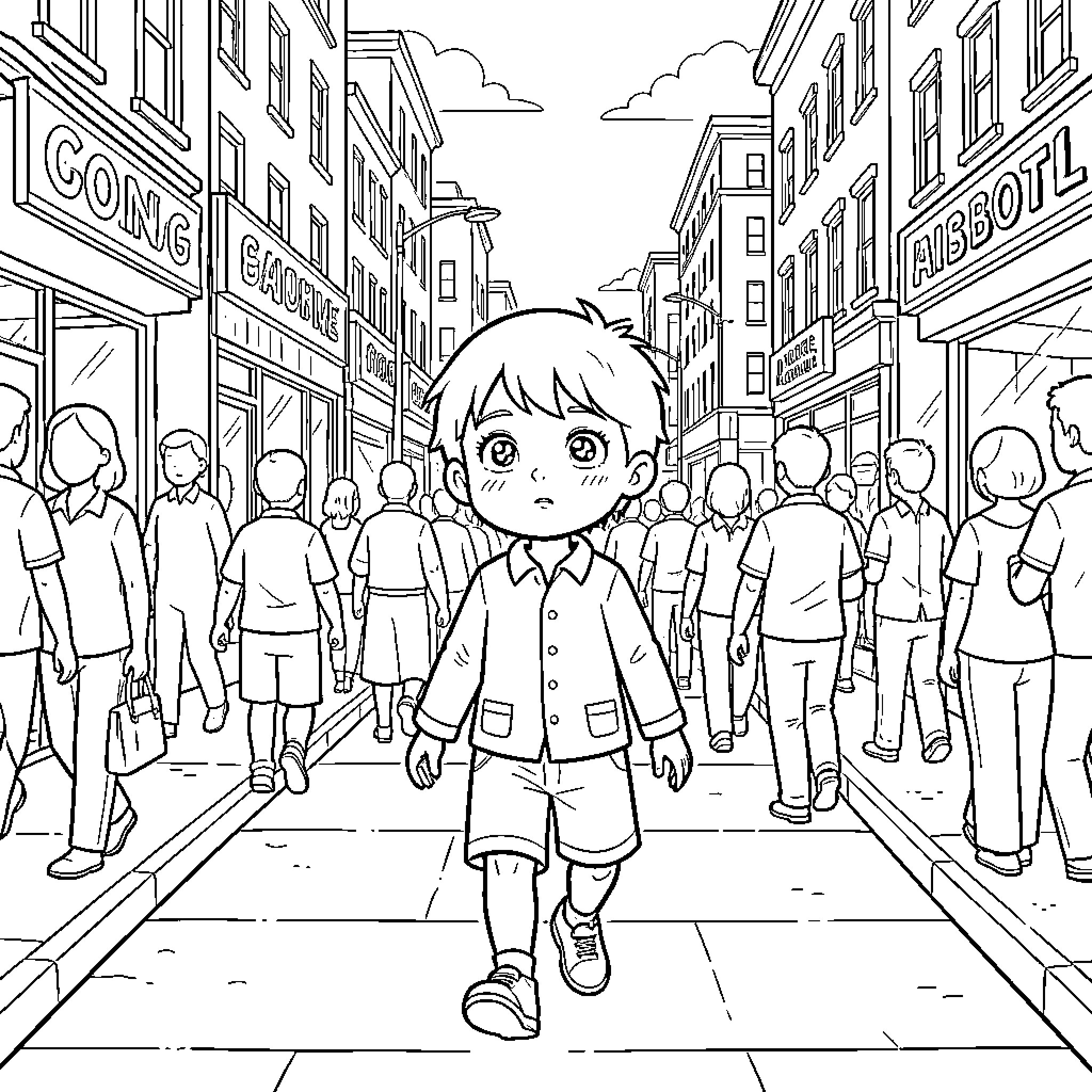 Child walking through a busy city street crowd Coloring Page (free black-and-white line drawing printable PDF for all, from beginners to advanced learners, including children, teens, adults, and seniors)