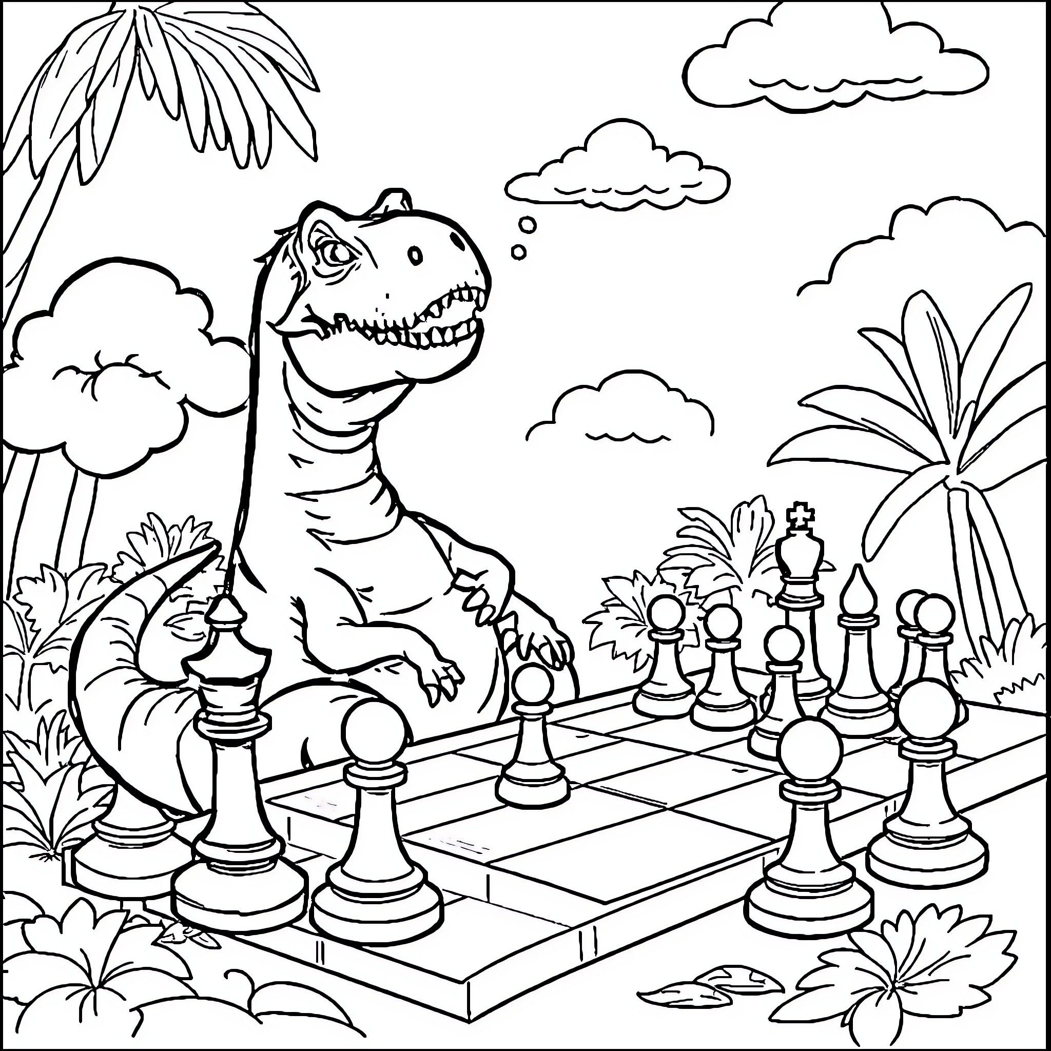 Dinosaur playing chess in a tropical setting Coloring Page (free black-and-white line drawing printable PDF for all, from beginners to advanced learners, including children, teens, adults, and seniors)