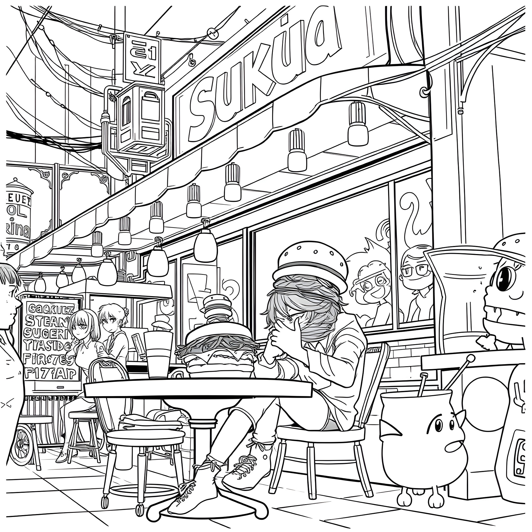 Sukuna enjoying a meal at a bustling street food stall Coloring Page (free black-and-white line drawing printable PDF for all, from beginners to advanced learners, including children, teens, adults, and seniors)
