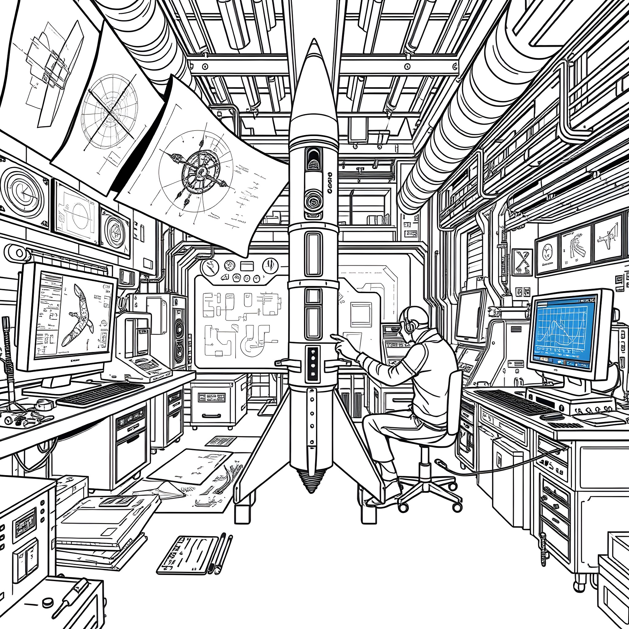 X2 Futuristic Control Room with Tech Gadgets and Operator Coloring Page (free black-and-white line drawing printable PDF for all, from beginners to advanced learners, including children, teens, adults, and seniors)