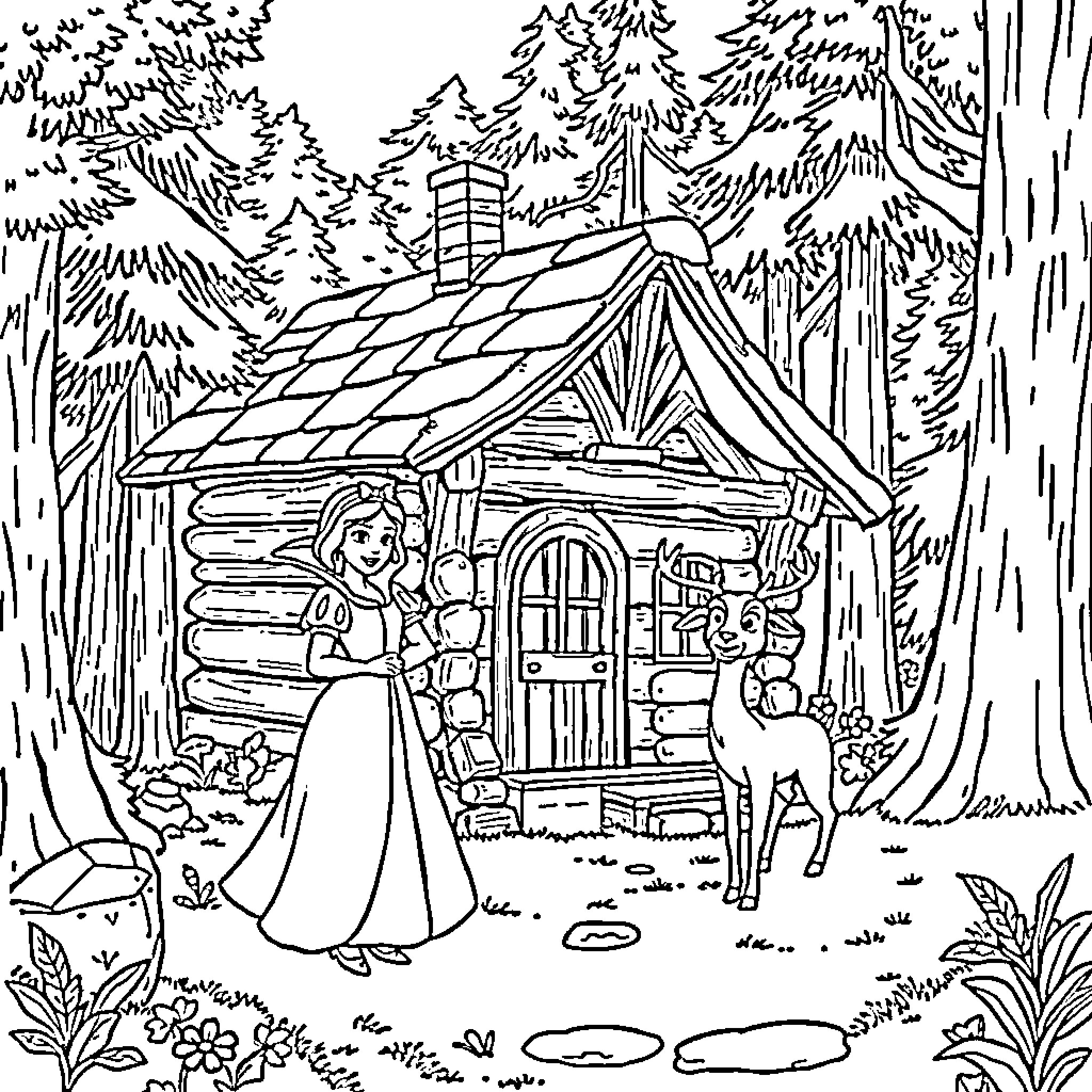 Snow White enjoys a peaceful forest cottage Coloring Page (free black-and-white line drawing printable PDF for all, from beginners to advanced learners, including children, teens, adults, and seniors)