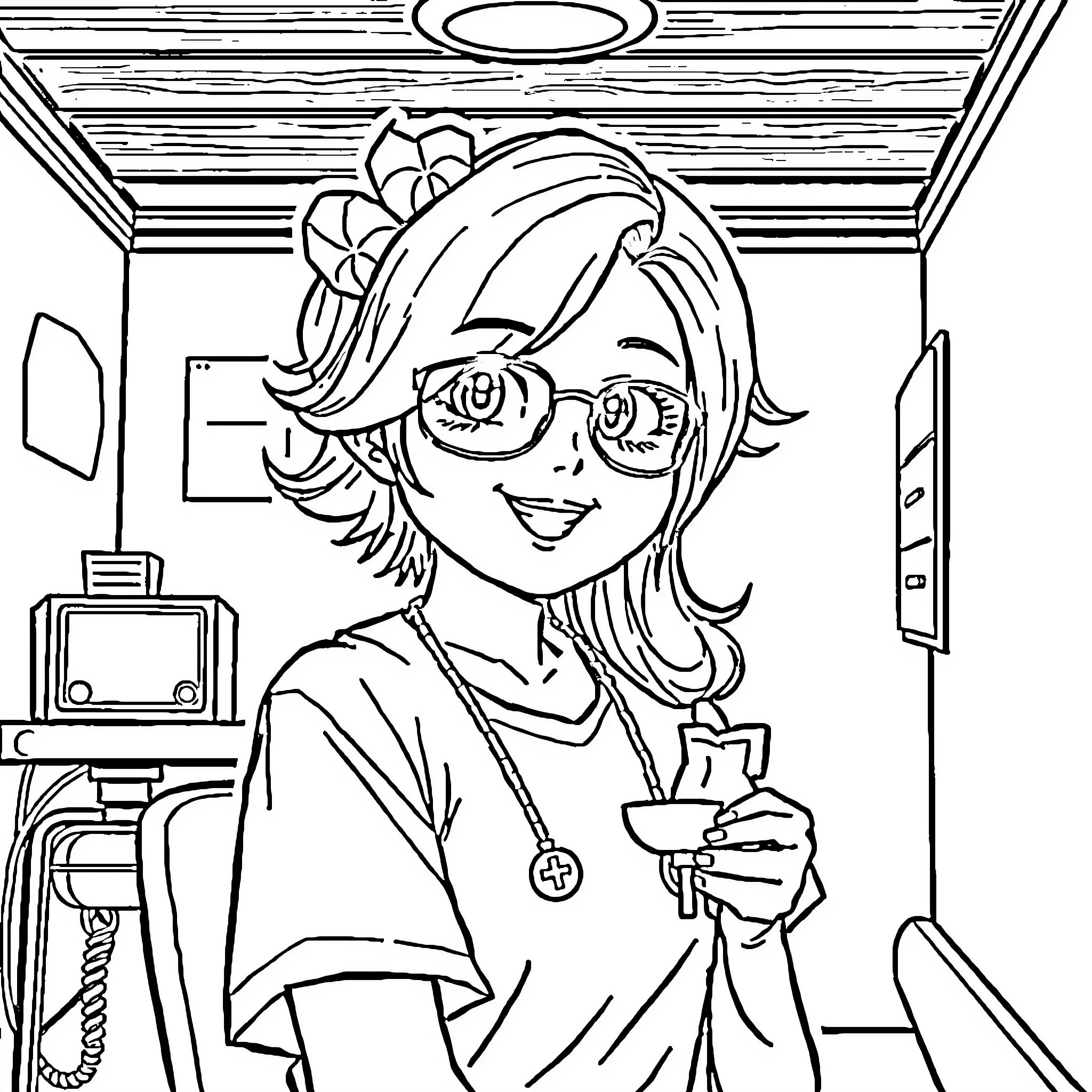 Bidan in a joyful medical environment Coloring Page (free black-and-white line drawing printable PDF for all, from beginners to advanced learners, including children, teens, adults, and seniors)