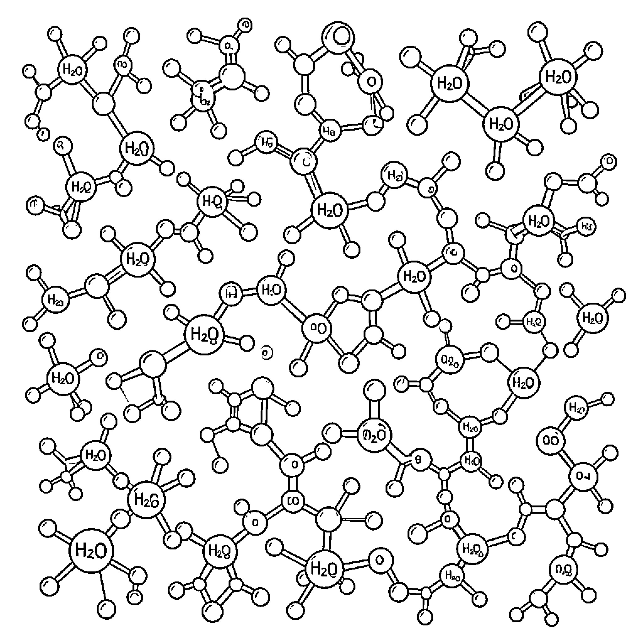 Water molecules interacting within a complex chemical structure Coloring Page (free black-and-white line drawing printable PDF for all, from beginners to advanced learners, including children, teens, adults, and seniors)