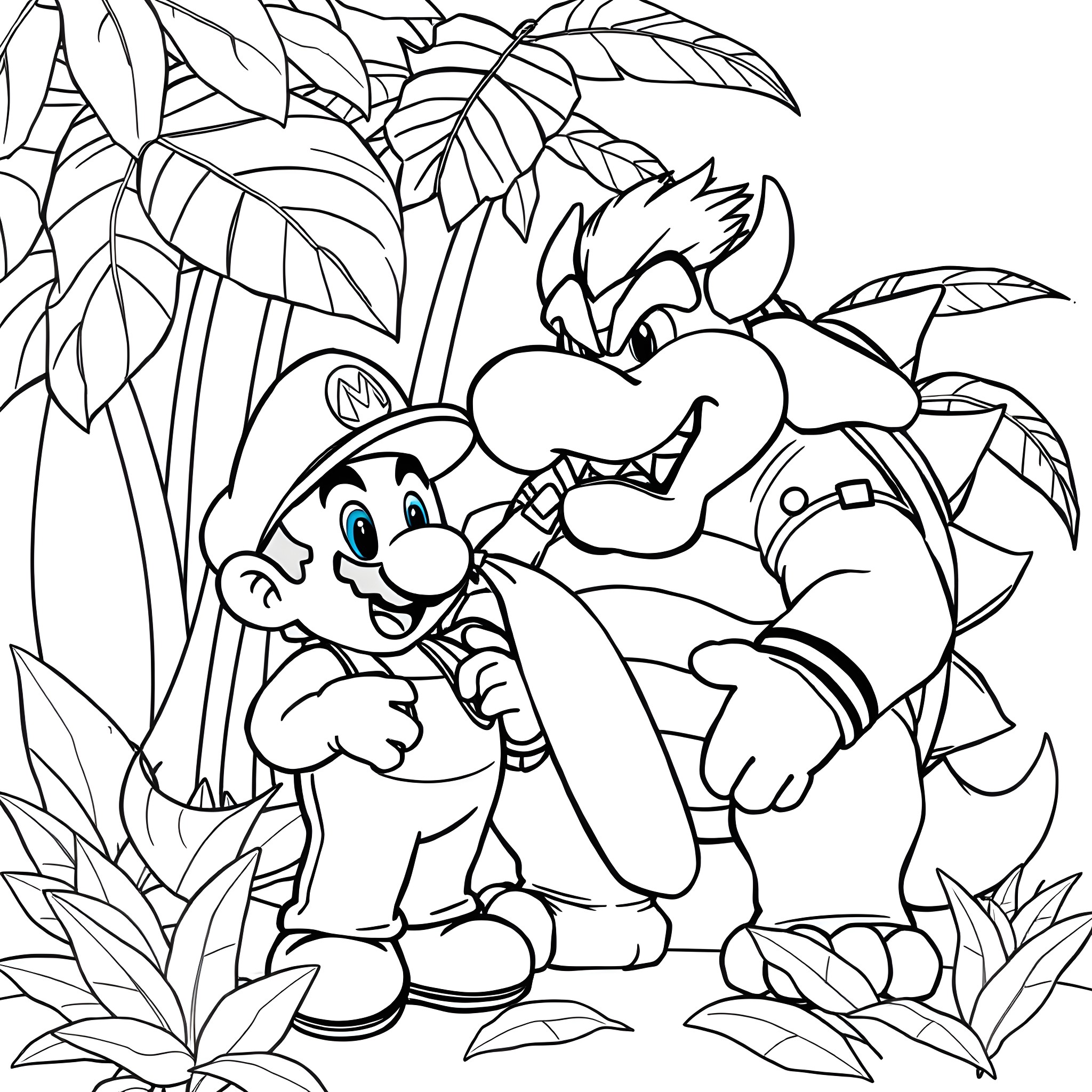 Mario and Bowser in the jungle Coloring Page (free black-and-white line drawing printable PDF for all, from beginners to advanced learners, including children, teens, adults, and seniors)