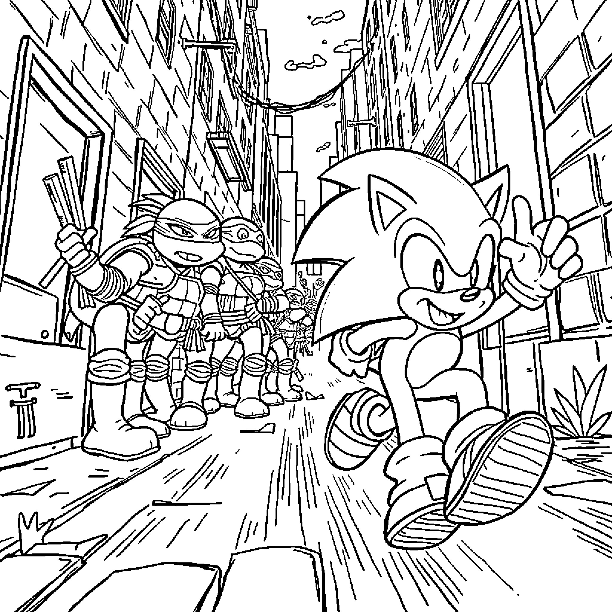 Sonic Running Through the City Streets Coloring Page (free black-and-white line drawing printable PDF for all, from beginners to advanced learners, including children, teens, adults, and seniors)