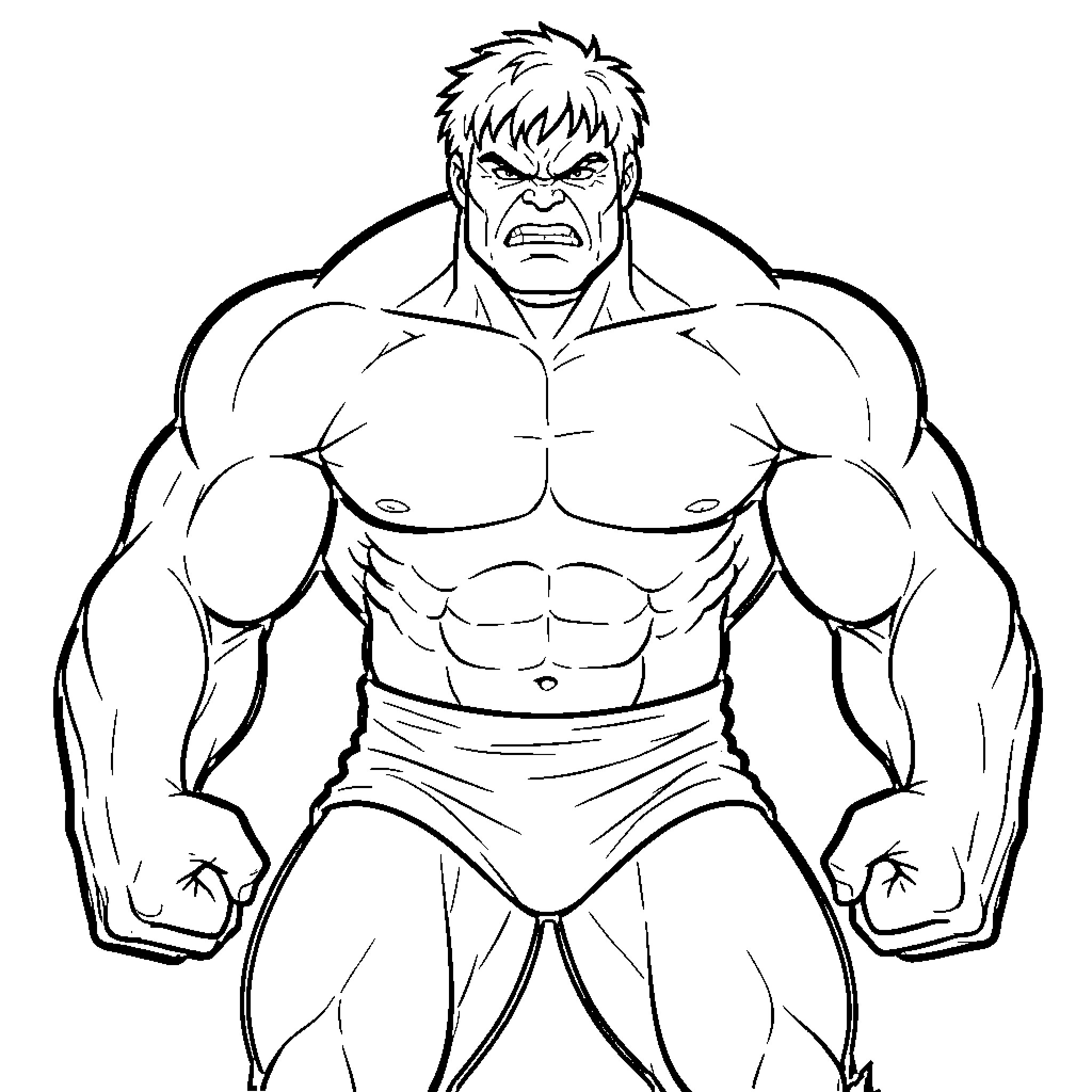 Hulk Furiously Flexing Muscular Frame Coloring Page (free black-and-white line drawing printable PDF for all, from beginners to advanced learners, including children, teens, adults, and seniors)