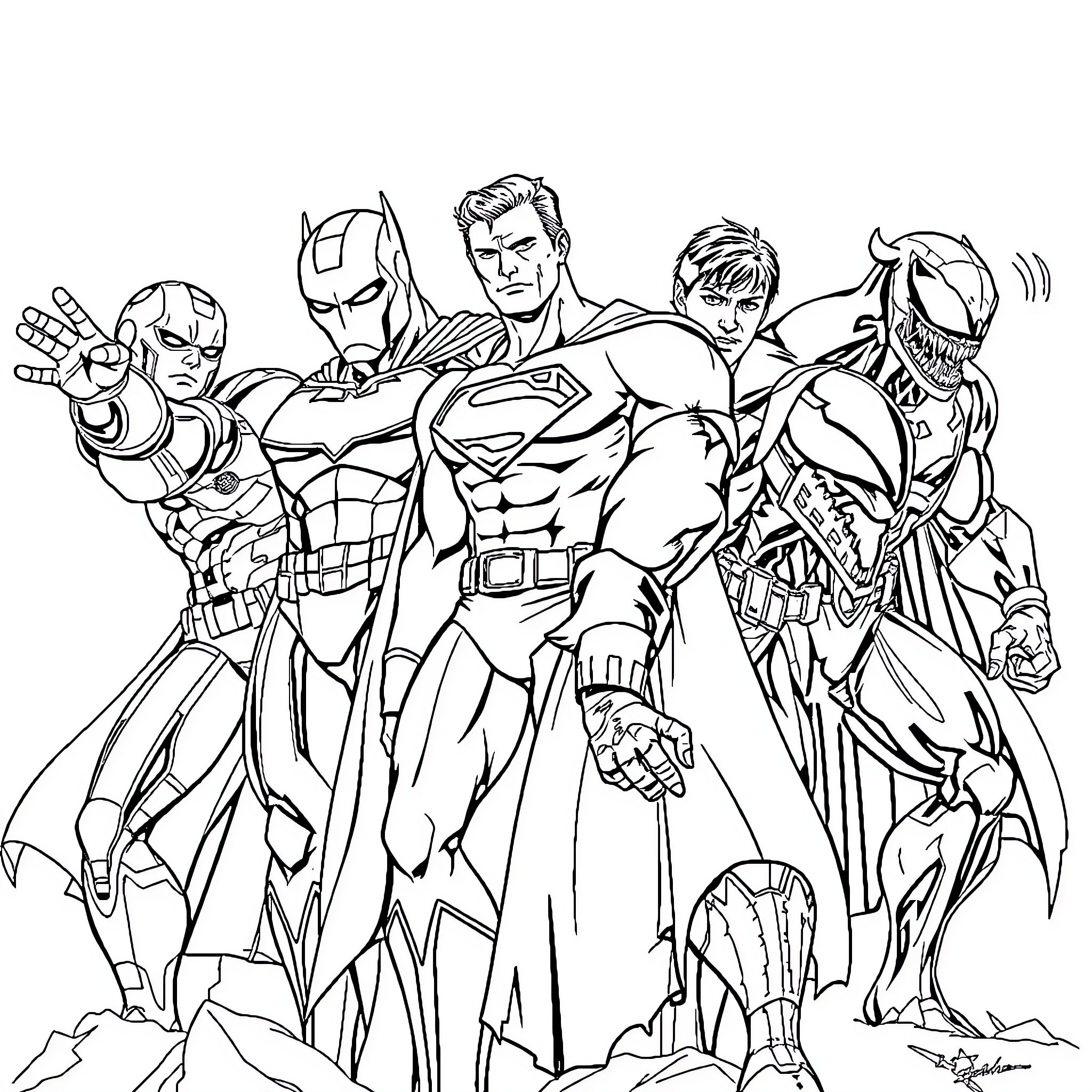 Superhero Team Assembled for Action Coloring Page (free black-and-white line drawing printable PDF for all, from beginners to advanced learners, including children, teens, adults, and seniors)