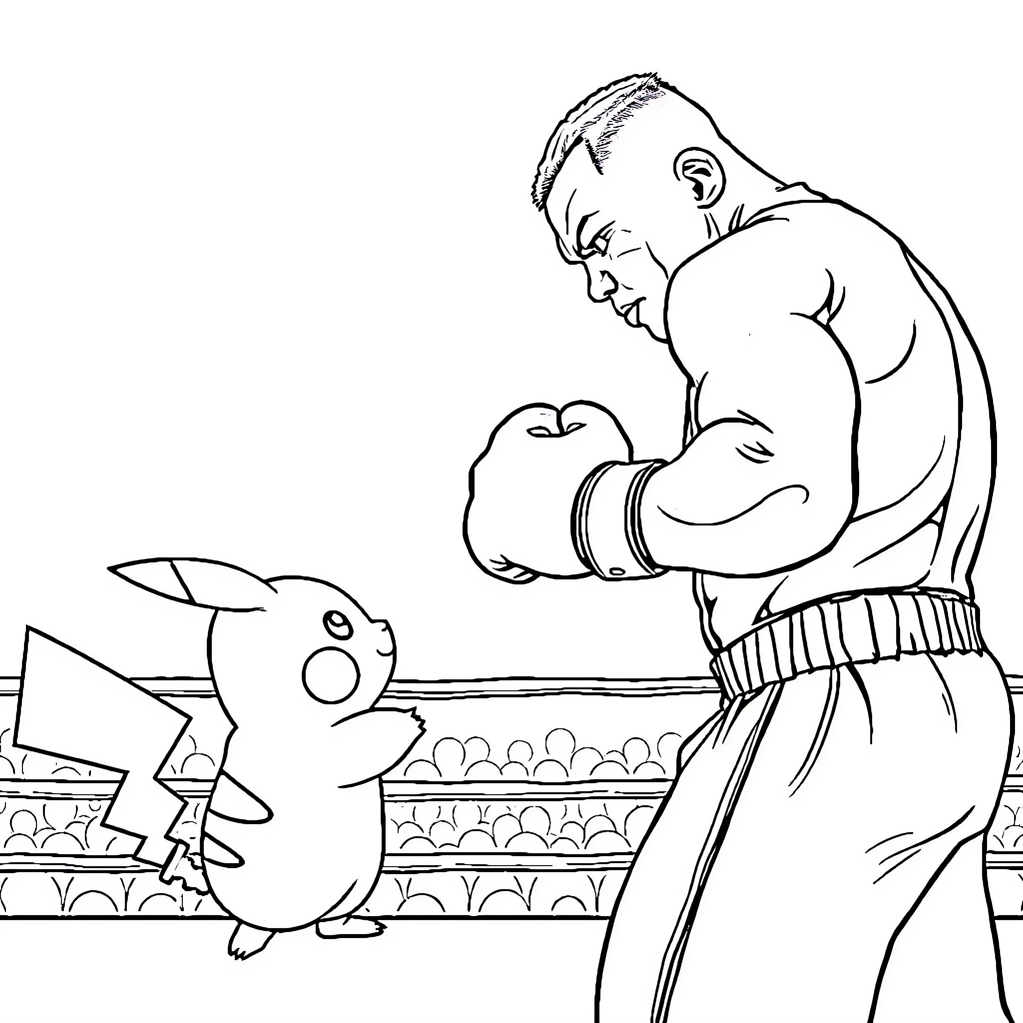 Pikachu facing off against a muscular fighter Coloring Page (free black-and-white line drawing printable PDF for all, from beginners to advanced learners, including children, teens, adults, and seniors)