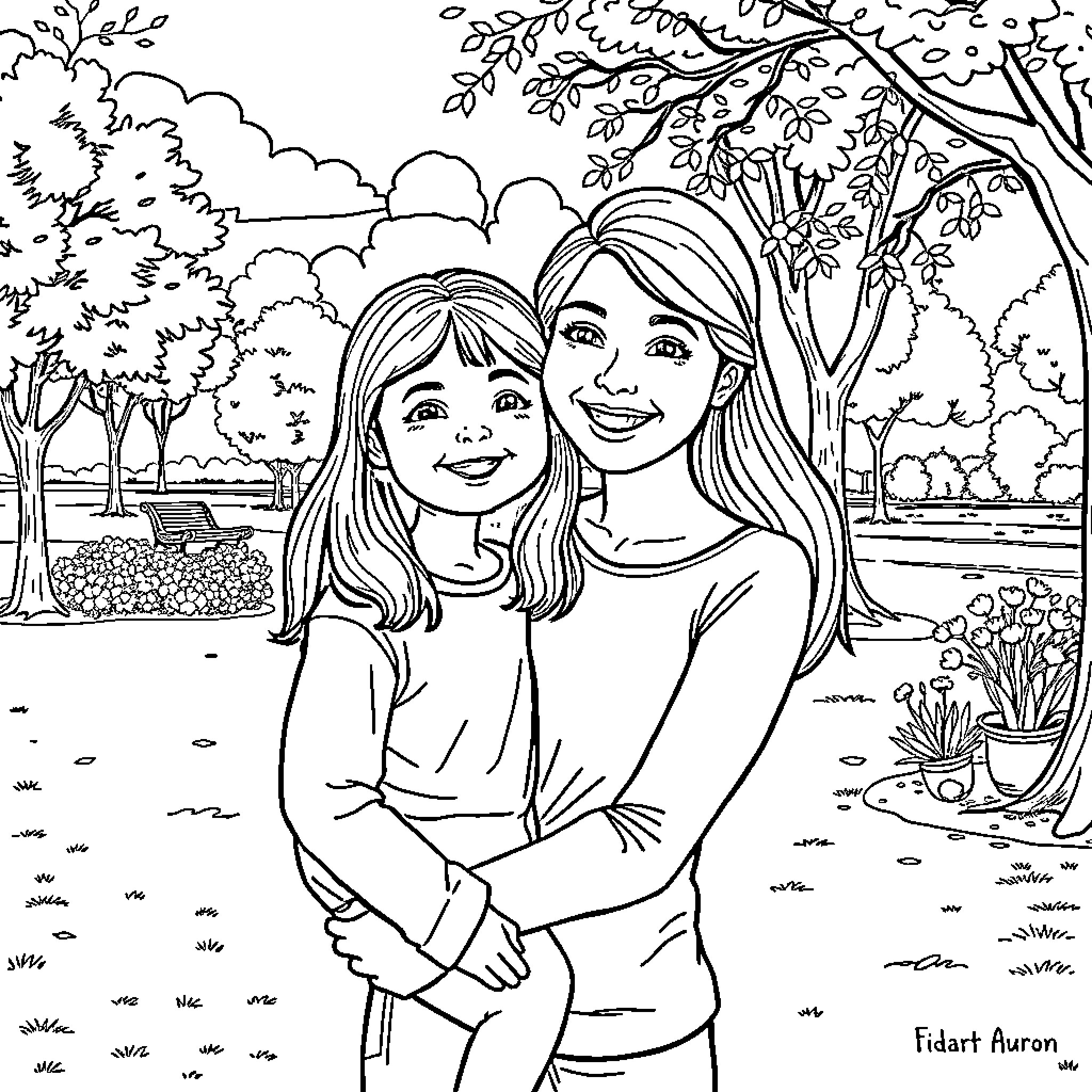 Mother and daughter in a serene outdoor setting Coloring Page (free black-and-white line drawing printable PDF for all, from beginners to advanced learners, including children, teens, adults, and seniors)