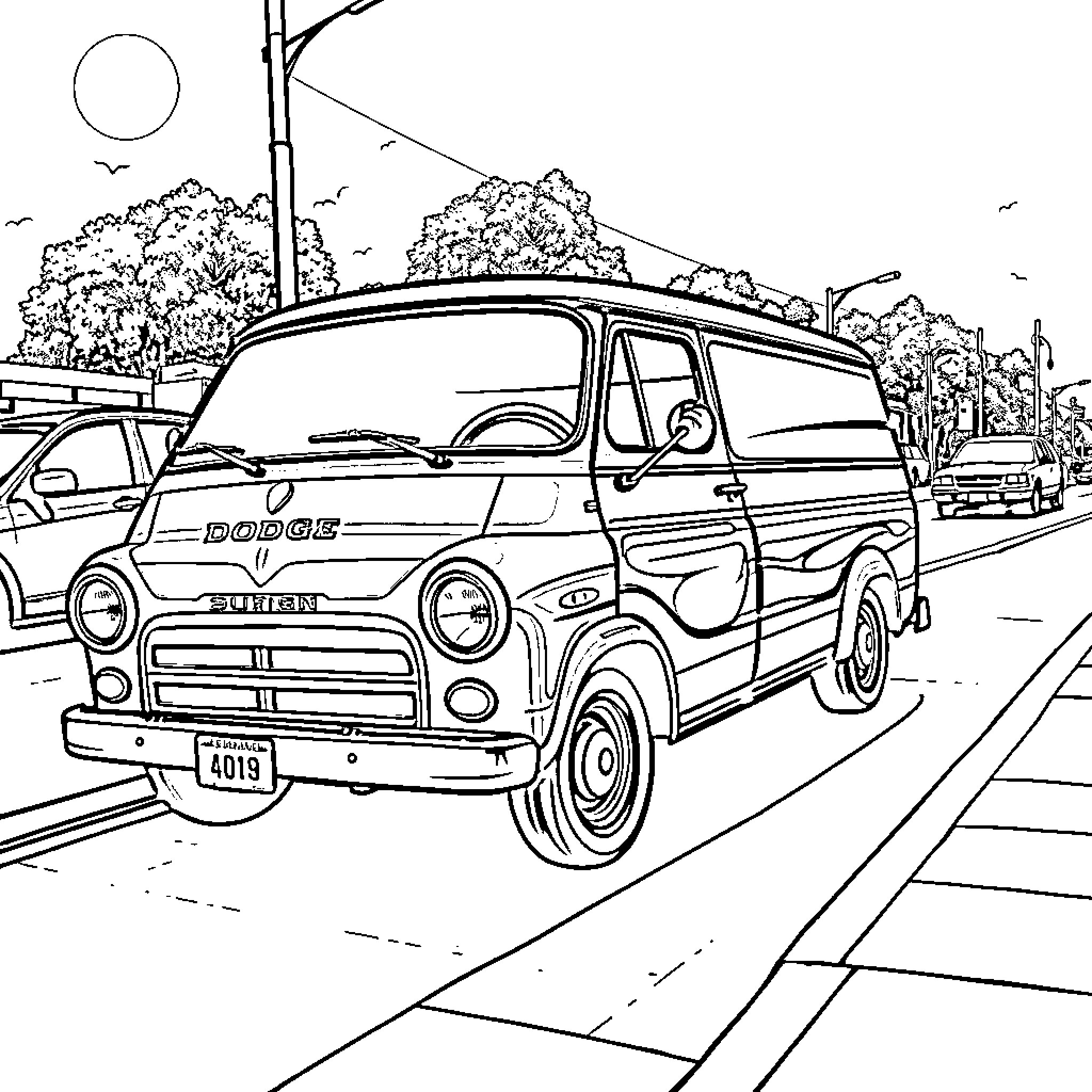 Dodge A100 van on a city street Coloring Page (free black-and-white line drawing printable PDF for all, from beginners to advanced learners, including children, teens, adults, and seniors)