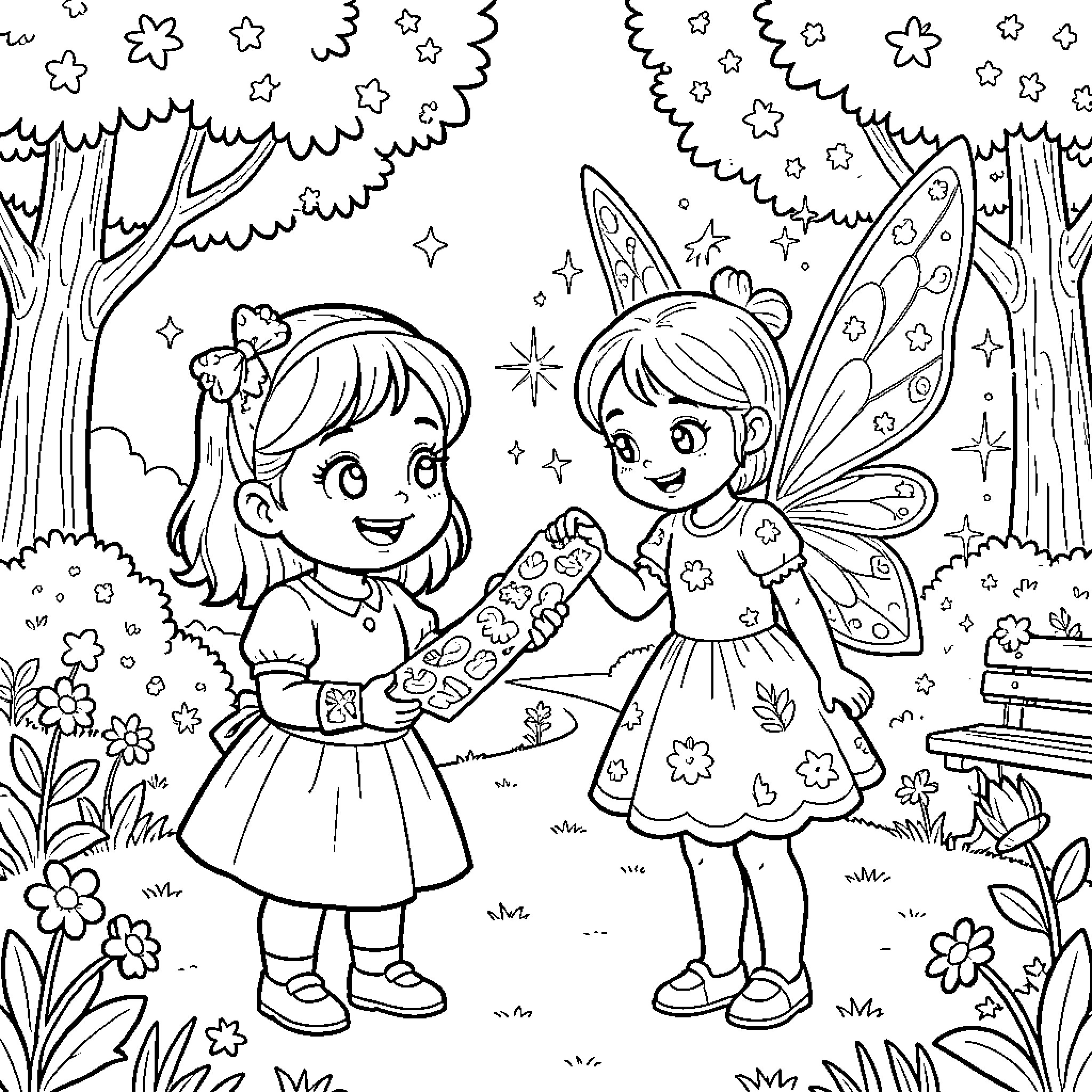 Nina's Magical Garden Adventure Coloring Page (free black-and-white line drawing printable PDF for all, from beginners to advanced learners, including children, teens, adults, and seniors)