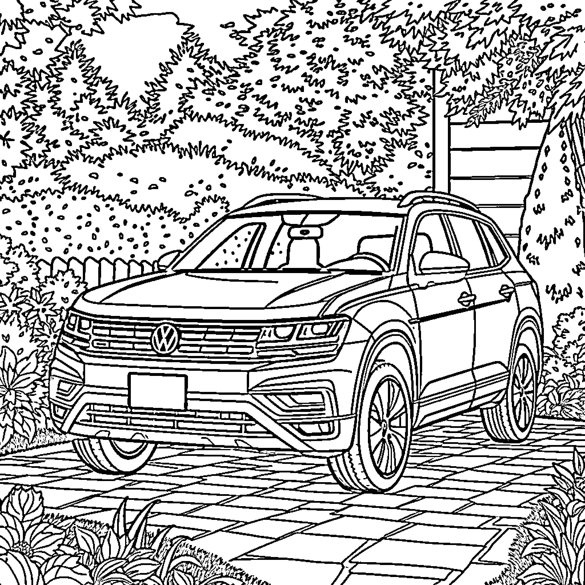 Volkswagen Atlas SUV in a serene outdoor setting Coloring Page (free black-and-white line drawing printable PDF for all, from beginners to advanced learners, including children, teens, adults, and seniors)