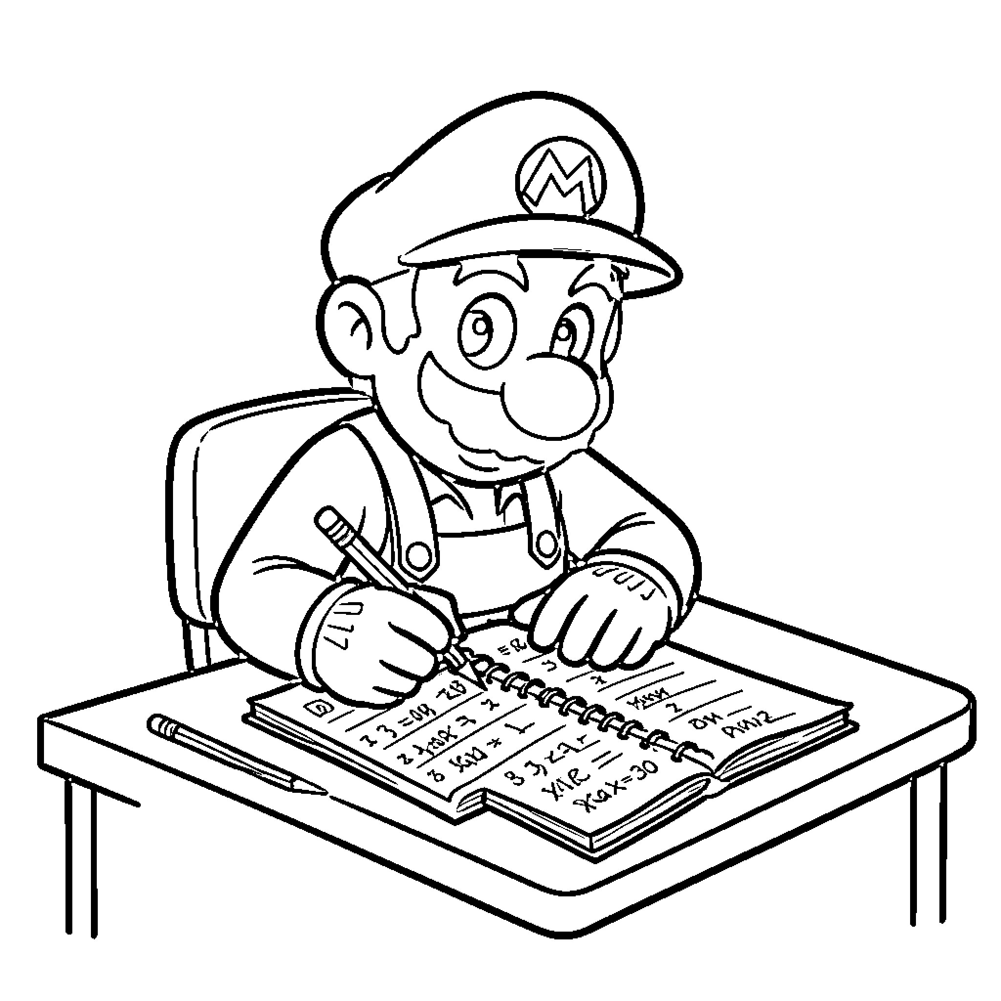 Mario focused on solving math equations at a desk Coloring Page (free black-and-white line drawing printable PDF for all, from beginners to advanced learners, including children, teens, adults, and seniors)