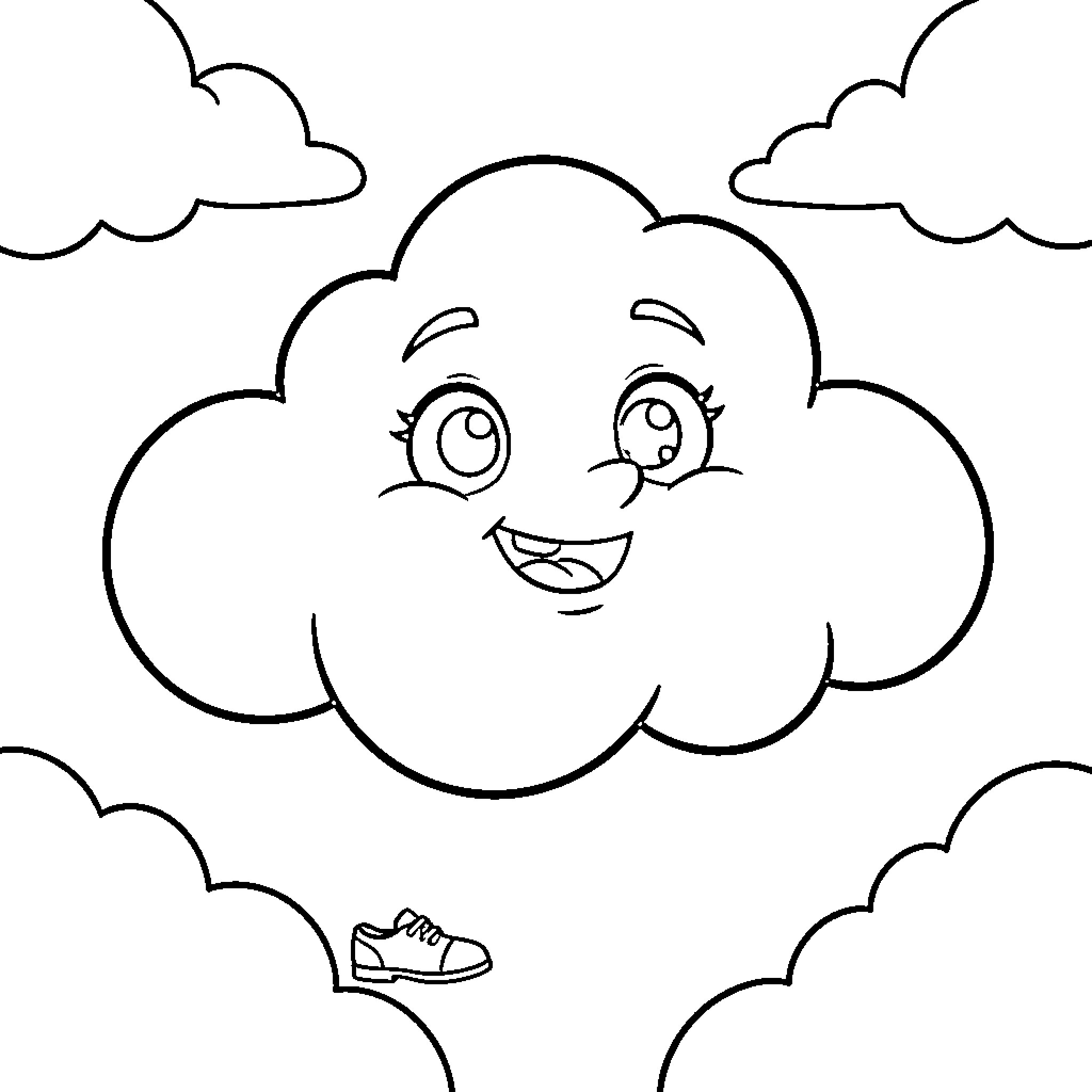 Cloud smiling happily among fluffy sky clouds Coloring Page (free black-and-white line drawing printable PDF for all, from beginners to advanced learners, including children, teens, adults, and seniors)