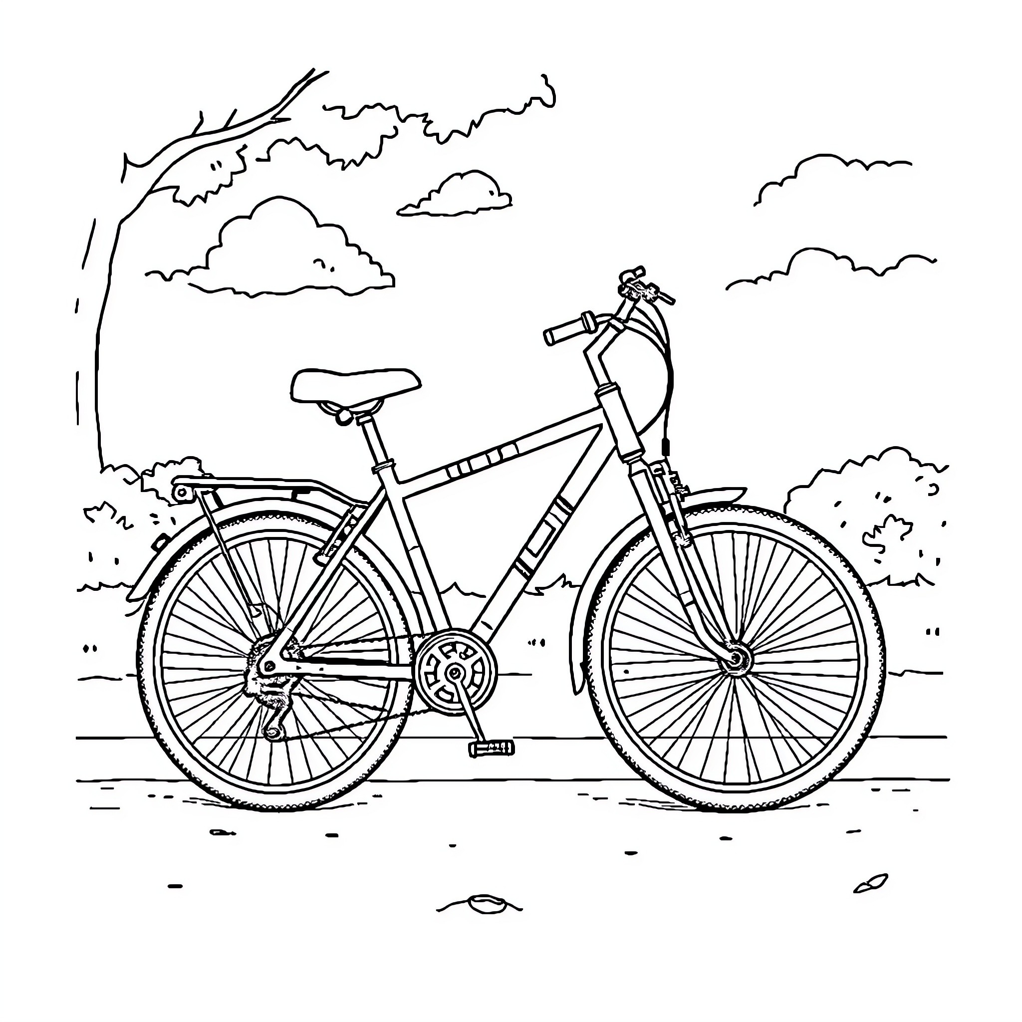 Bicycle on scenic outdoor path Coloring Page (free black-and-white line drawing printable PDF for all, from beginners to advanced learners, including children, teens, adults, and seniors)