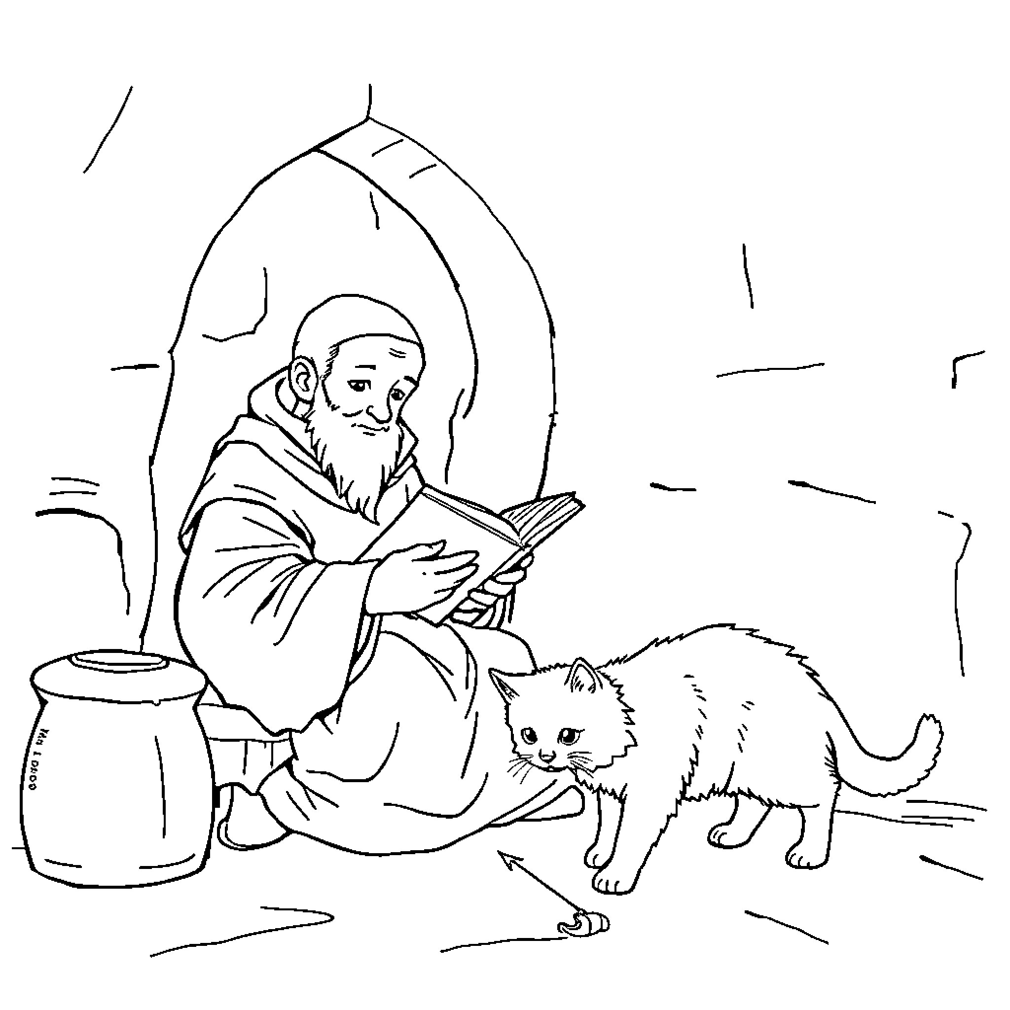 Monk reading scroll with a cat nearby Coloring Page (free black-and-white line drawing printable PDF for all, from beginners to advanced learners, including children, teens, adults, and seniors)