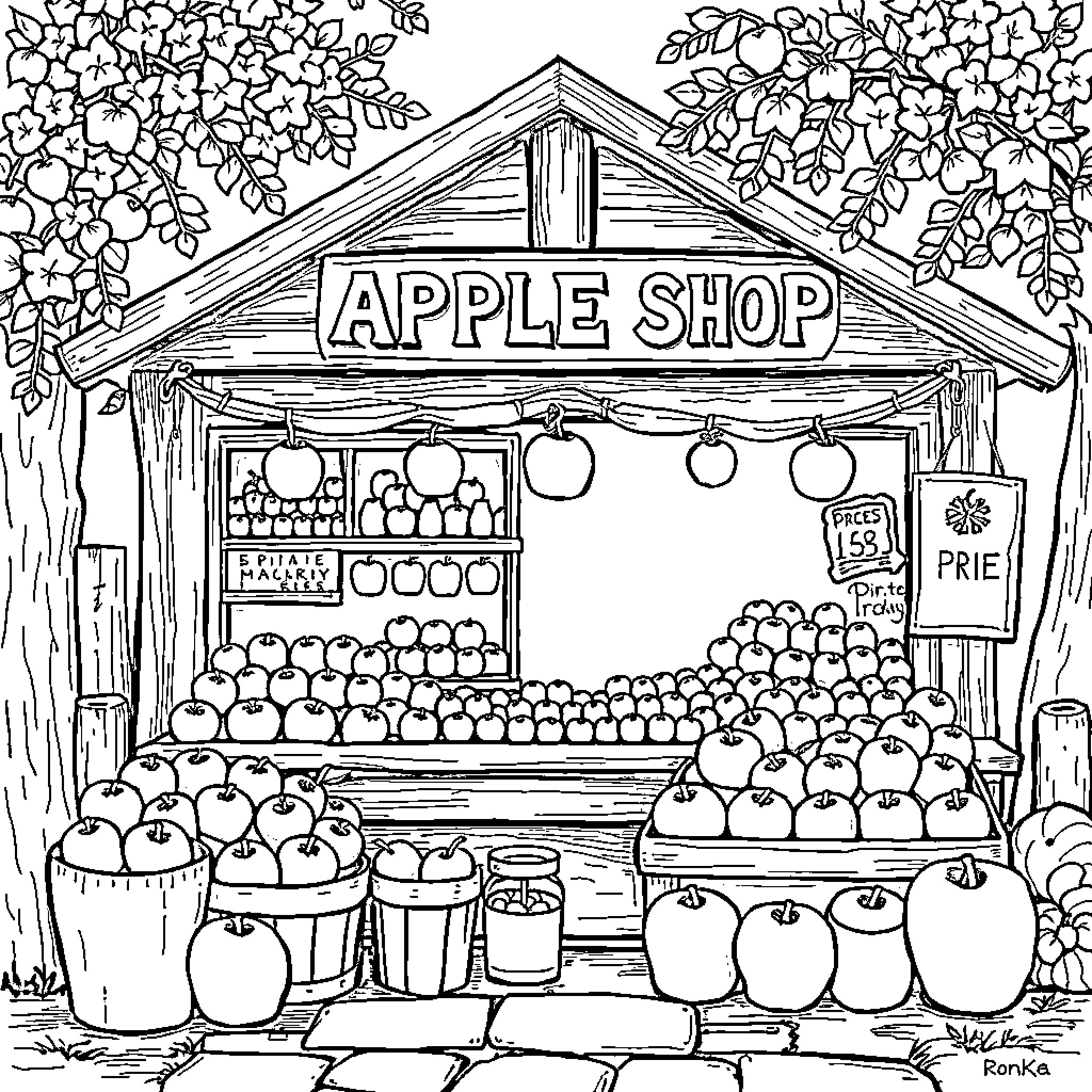 Apple Pie Autumn Harvest at a Countryside Apple Shop Coloring Page (free black-and-white line drawing printable PDF for all, from beginners to advanced learners, including children, teens, adults, and seniors)