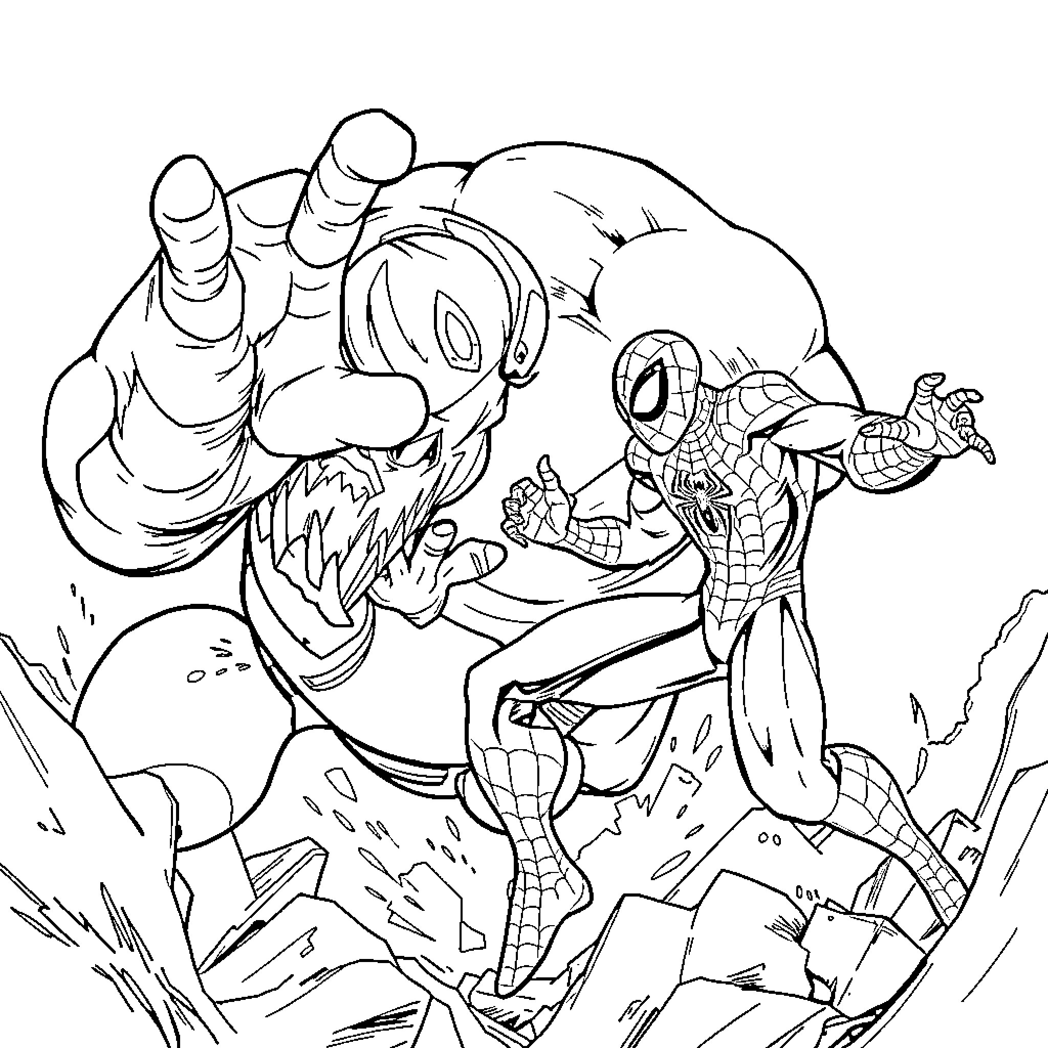 Spider-Man battling a menacing foe in an action-packed scene Coloring Page (free black-and-white line drawing printable PDF for all, from beginners to advanced learners, including children, teens, adults, and seniors)