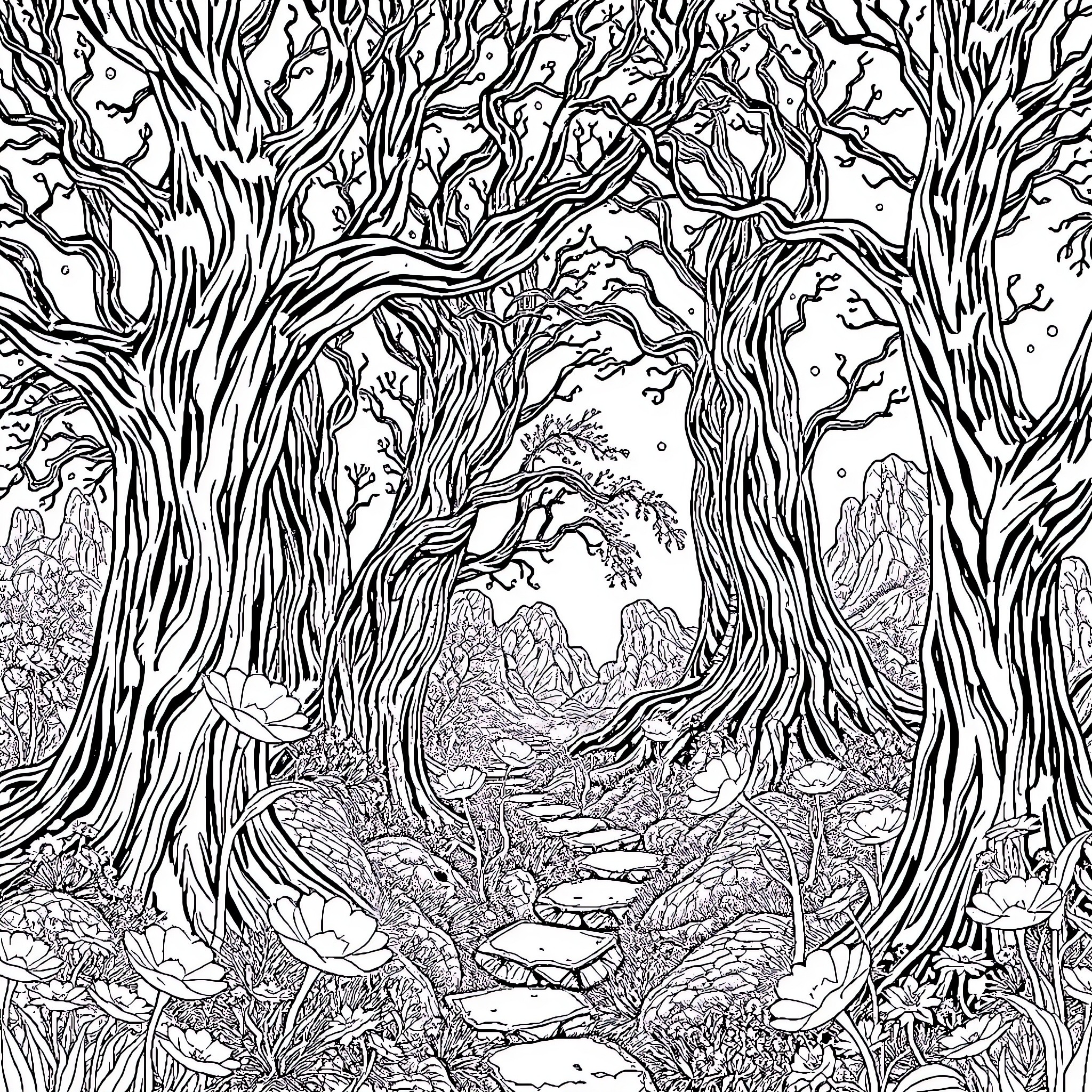 Trebhum - Enchanting Forest Path Coloring Page (free black-and-white line drawing printable PDF for all, from beginners to advanced learners, including children, teens, adults, and seniors)