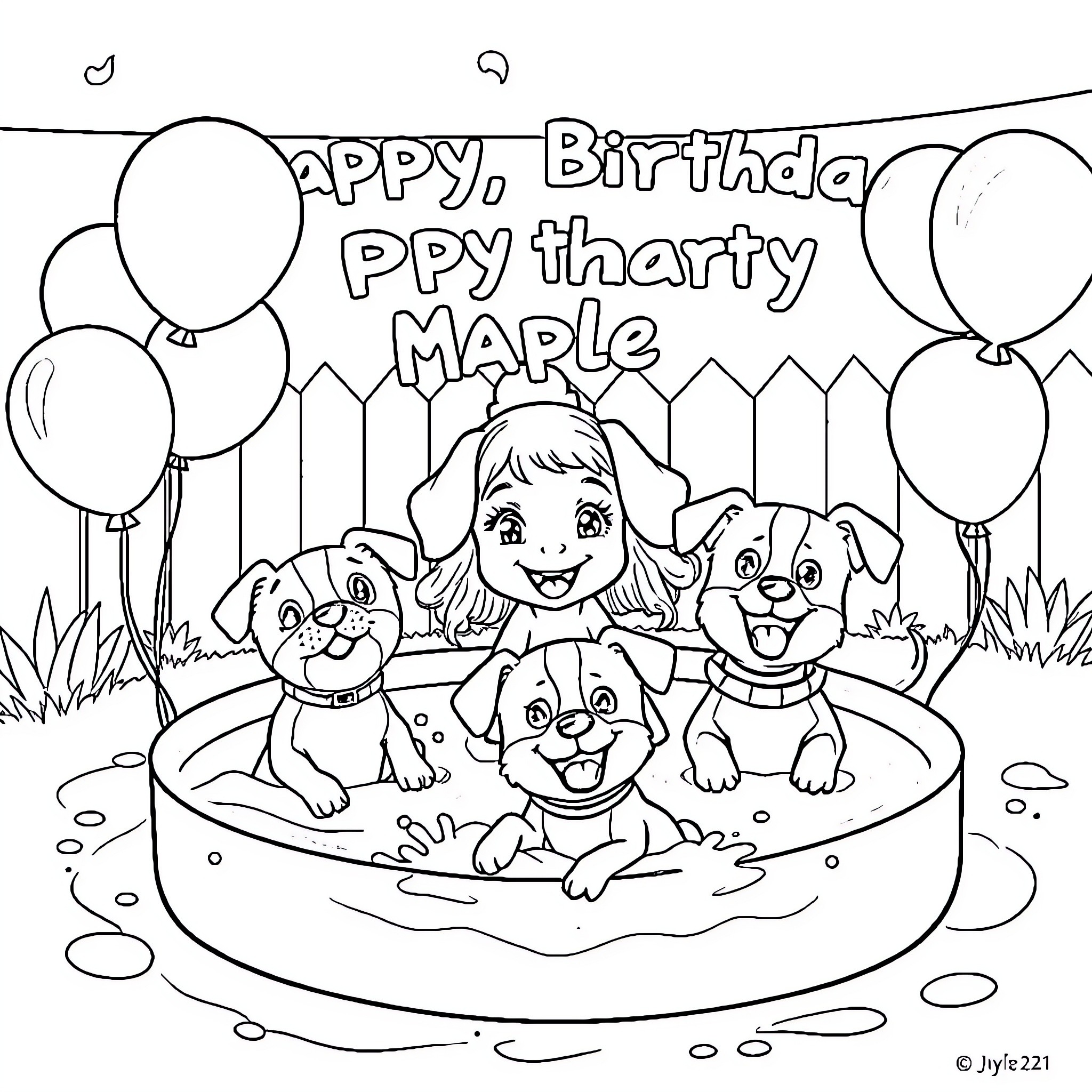Puppy's Birthday Party with Cheerful Pups Coloring Page (free black-and-white line drawing printable PDF for all, from beginners to advanced learners, including children, teens, adults, and seniors)