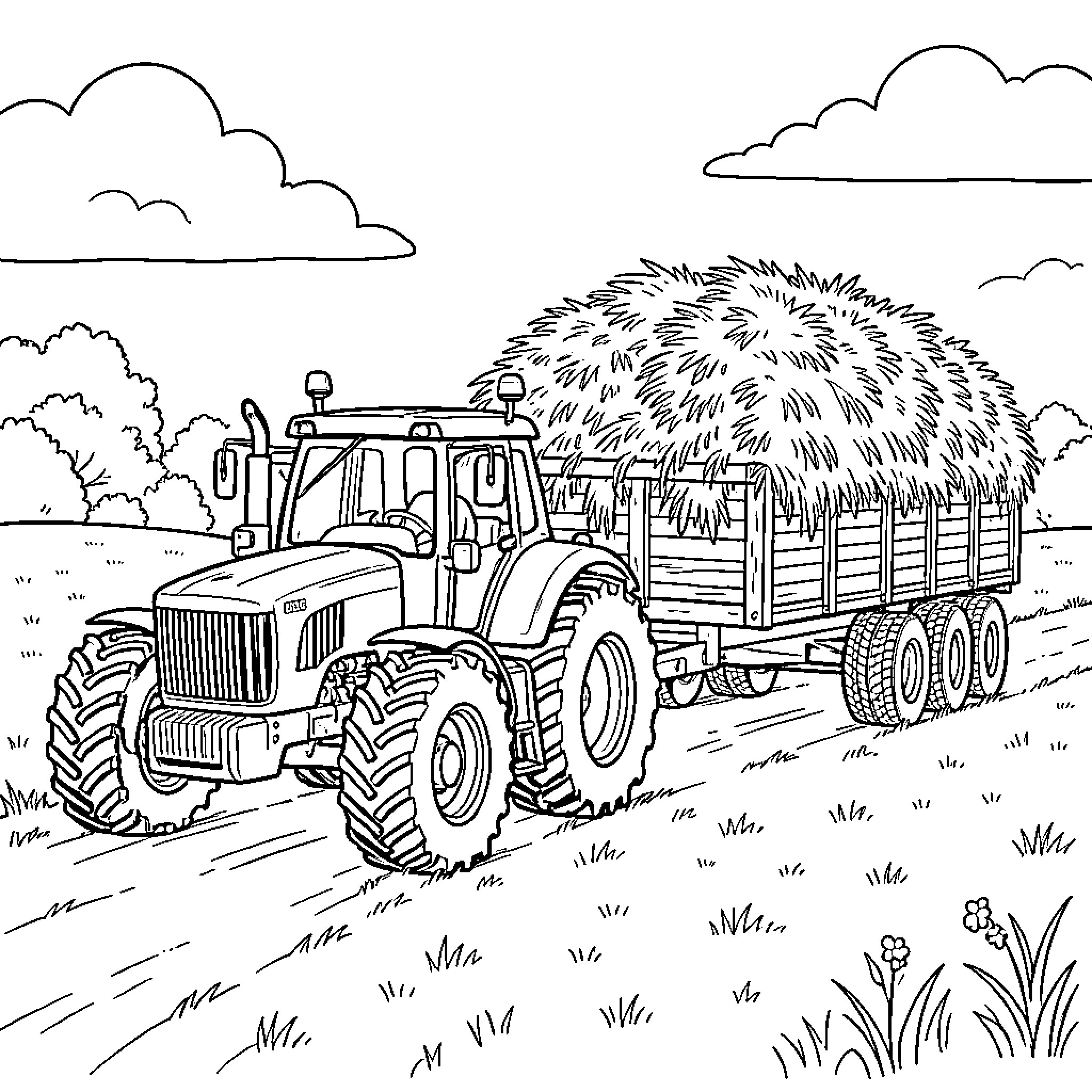 Tractor hauling hay in rural countryside Coloring Page (free black-and-white line drawing printable PDF for all, from beginners to advanced learners, including children, teens, adults, and seniors)