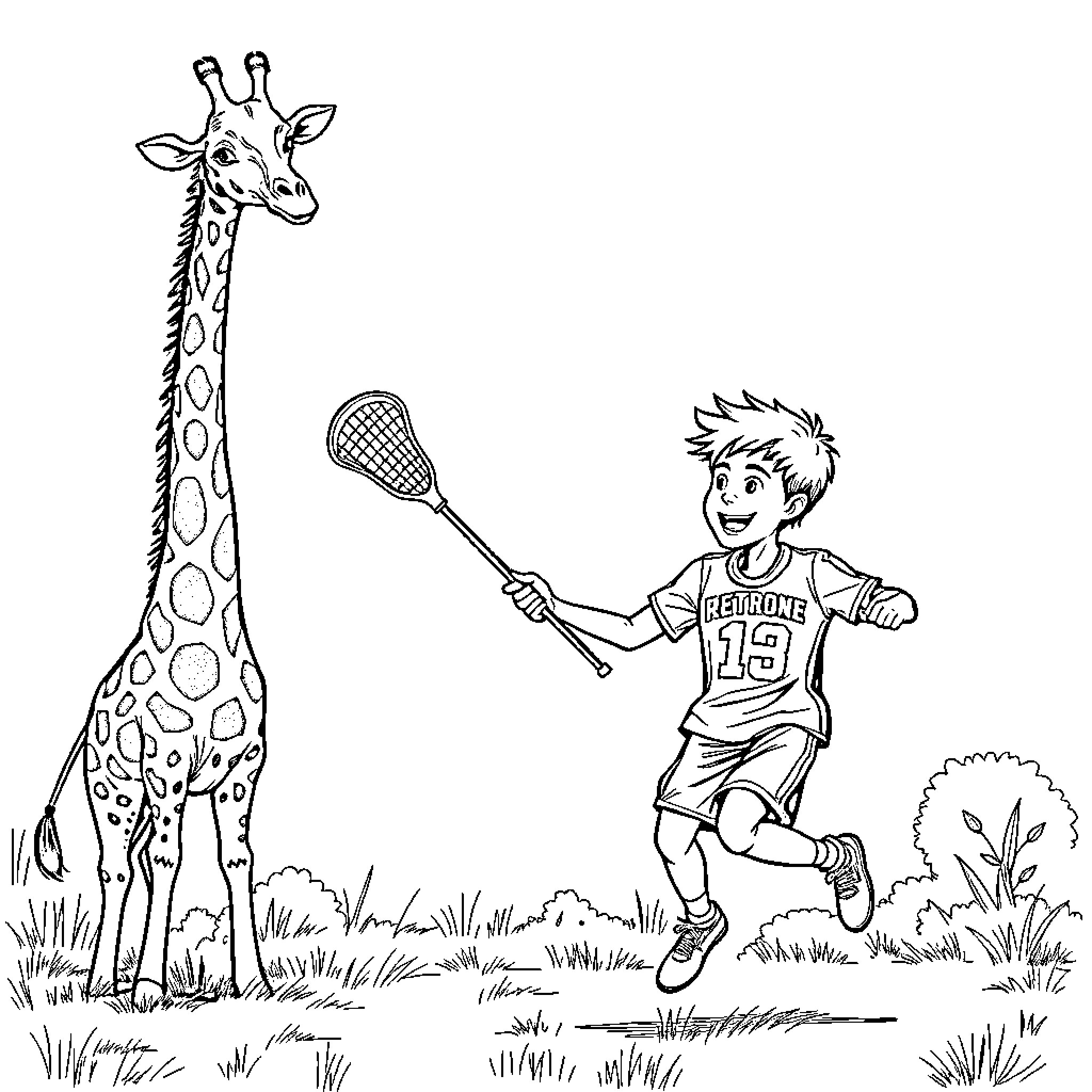 Ryder Petrone playing lacrosse with a giraffe in the wild Coloring Page (free black-and-white line drawing printable PDF for all, from beginners to advanced learners, including children, teens, adults, and seniors)
