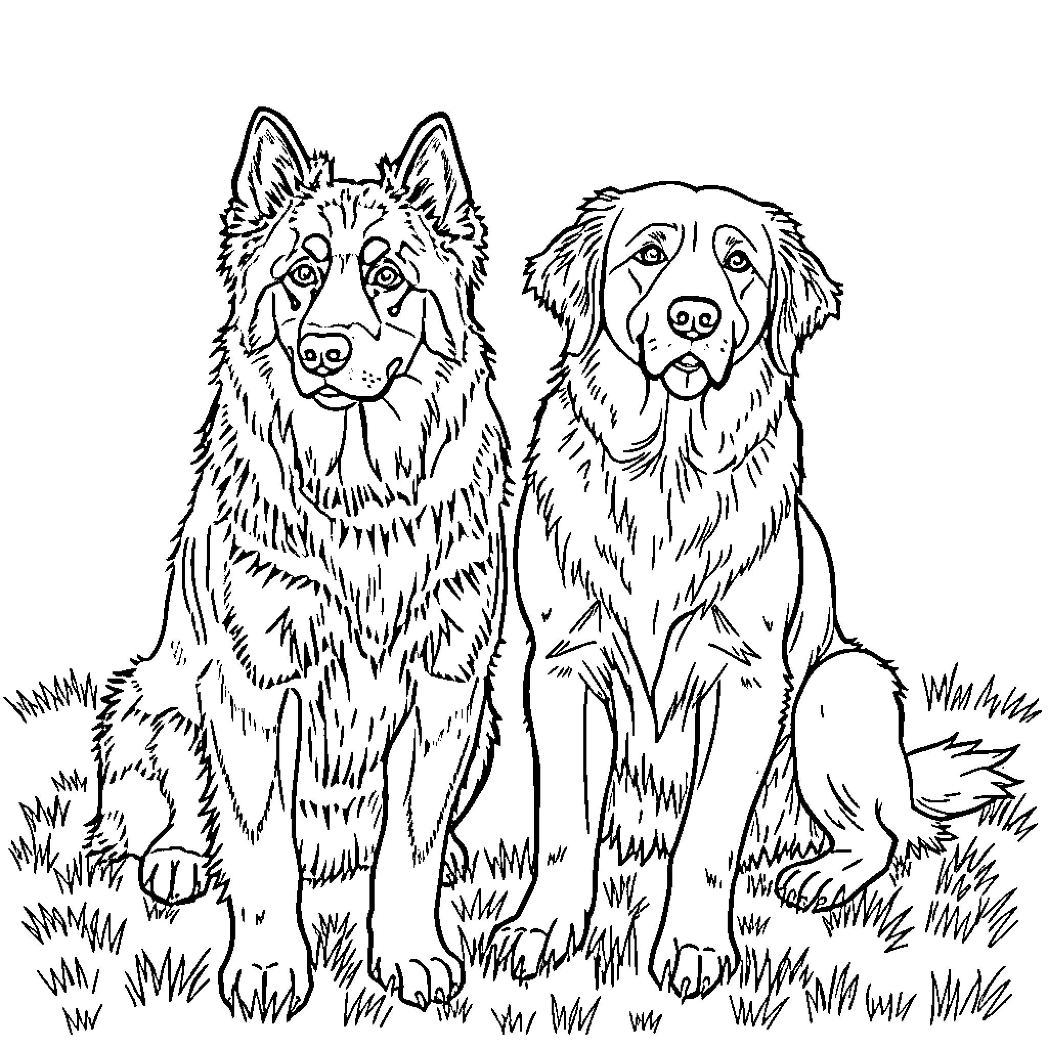 Dog duo exploring the outdoors together Coloring Page (free black-and-white line drawing printable PDF for all, from beginners to advanced learners, including children, teens, adults, and seniors)