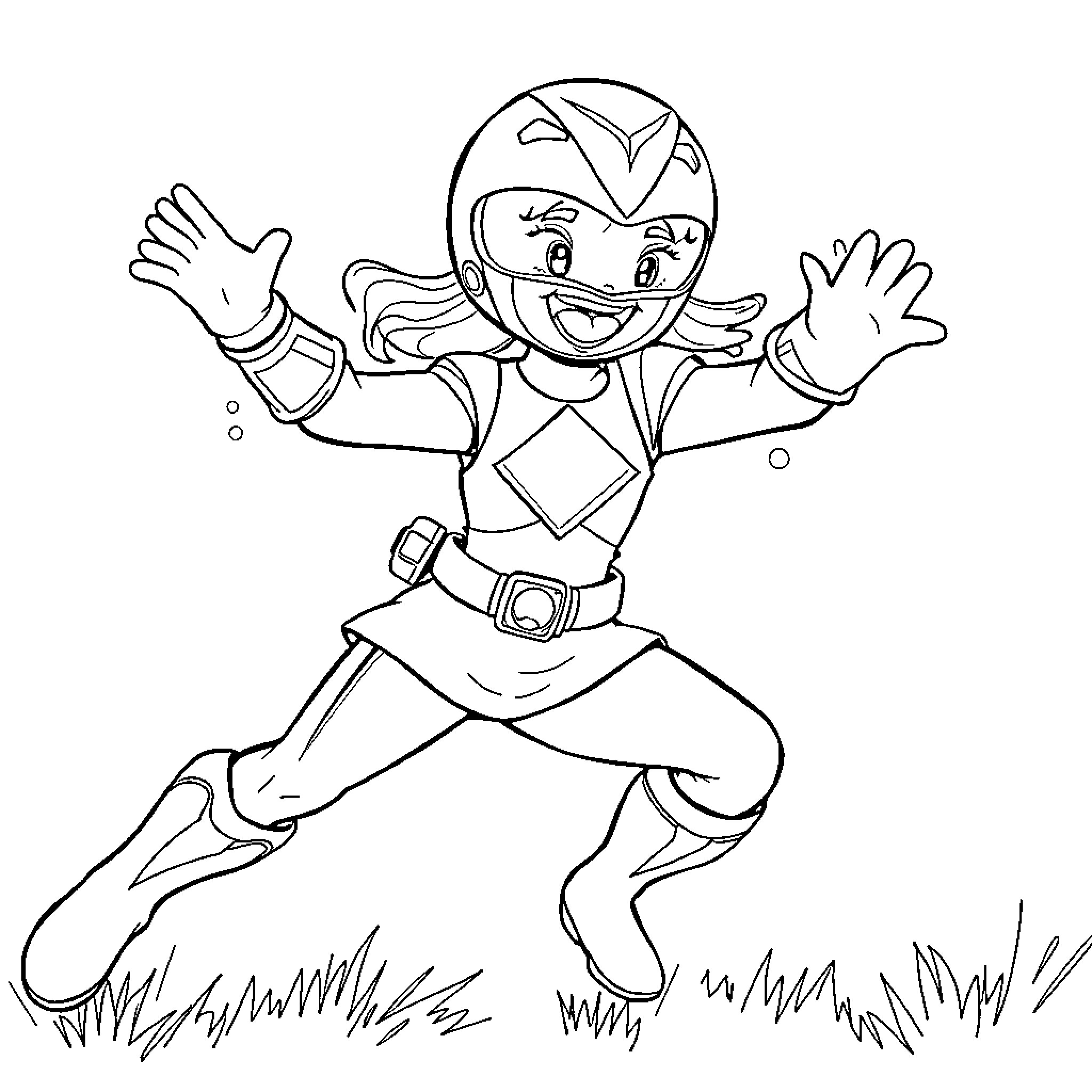 Power Ranger character in action pose Coloring Page (free black-and-white line drawing printable PDF for all, from beginners to advanced learners, including children, teens, adults, and seniors)