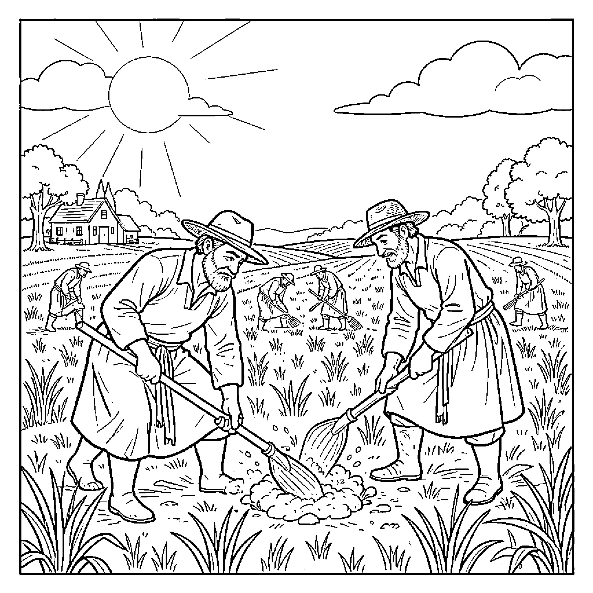 Peasant farmers working in rural field Coloring Page (free black-and-white line drawing printable PDF for all, from beginners to advanced learners, including children, teens, adults, and seniors)