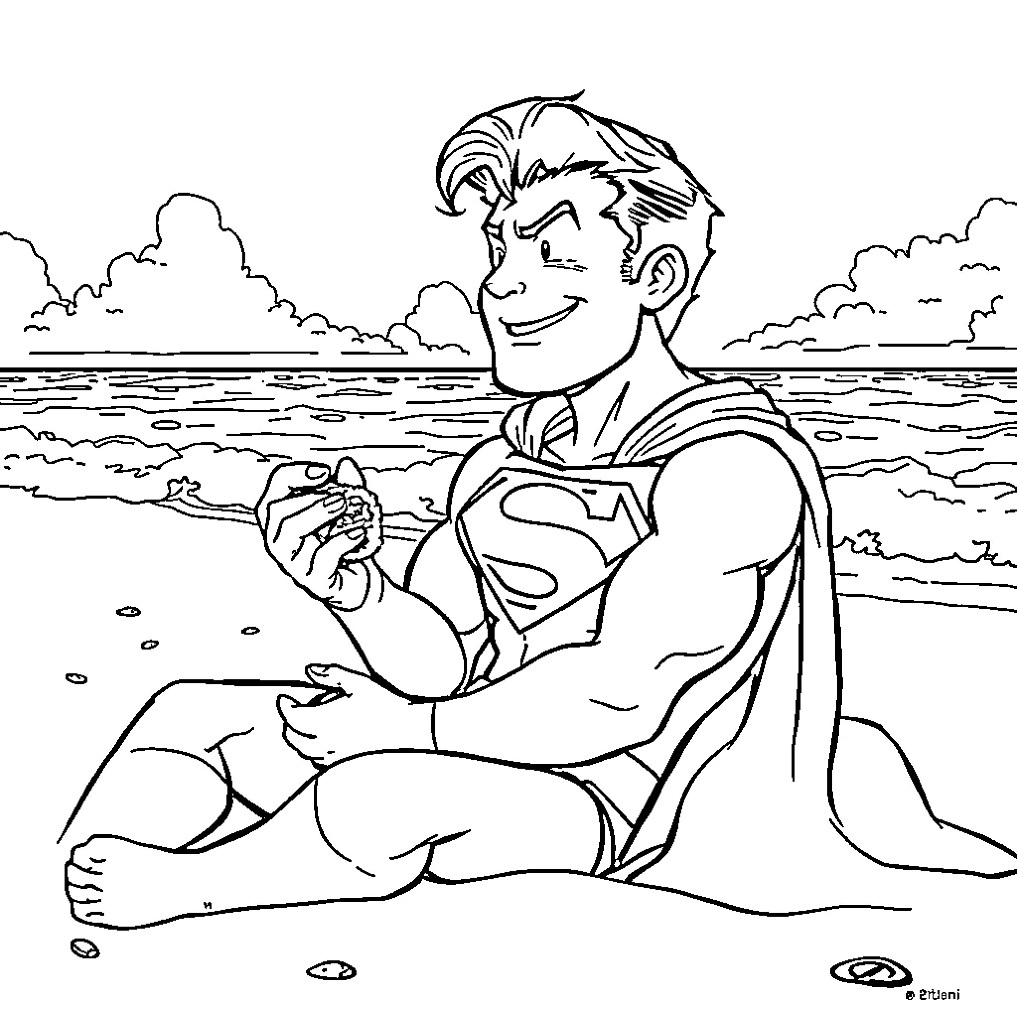 Superman relaxing on the beach Coloring Page (free black-and-white line drawing printable PDF for all, from beginners to advanced learners, including children, teens, adults, and seniors)