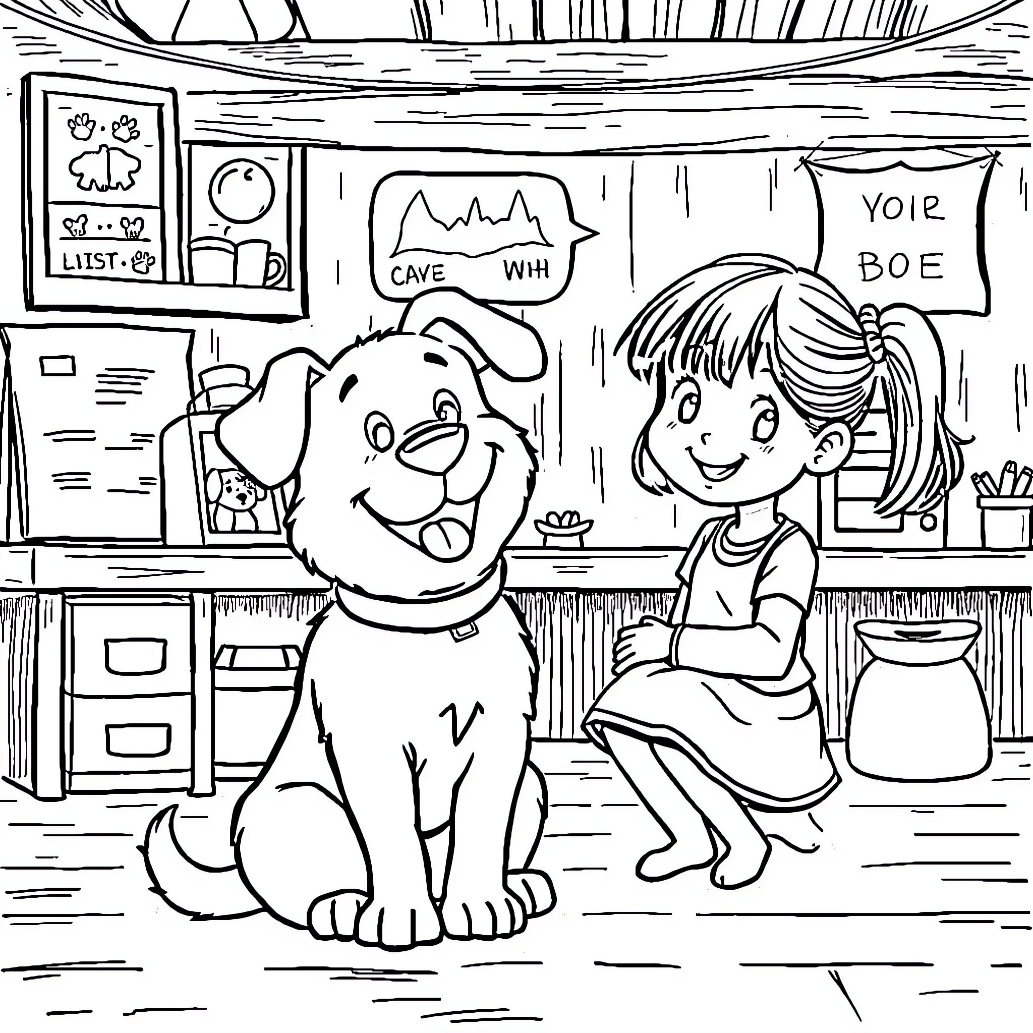 Dog and girl playing happily in classroom Coloring Page (free black-and-white line drawing printable PDF for all, from beginners to advanced learners, including children, teens, adults, and seniors)