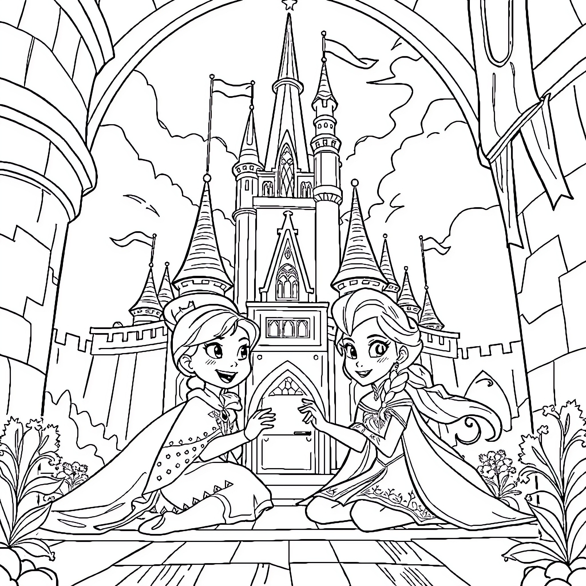 Bluey's Magical Castle Adventure Coloring Page (free black-and-white line drawing printable PDF for all, from beginners to advanced learners, including children, teens, adults, and seniors)