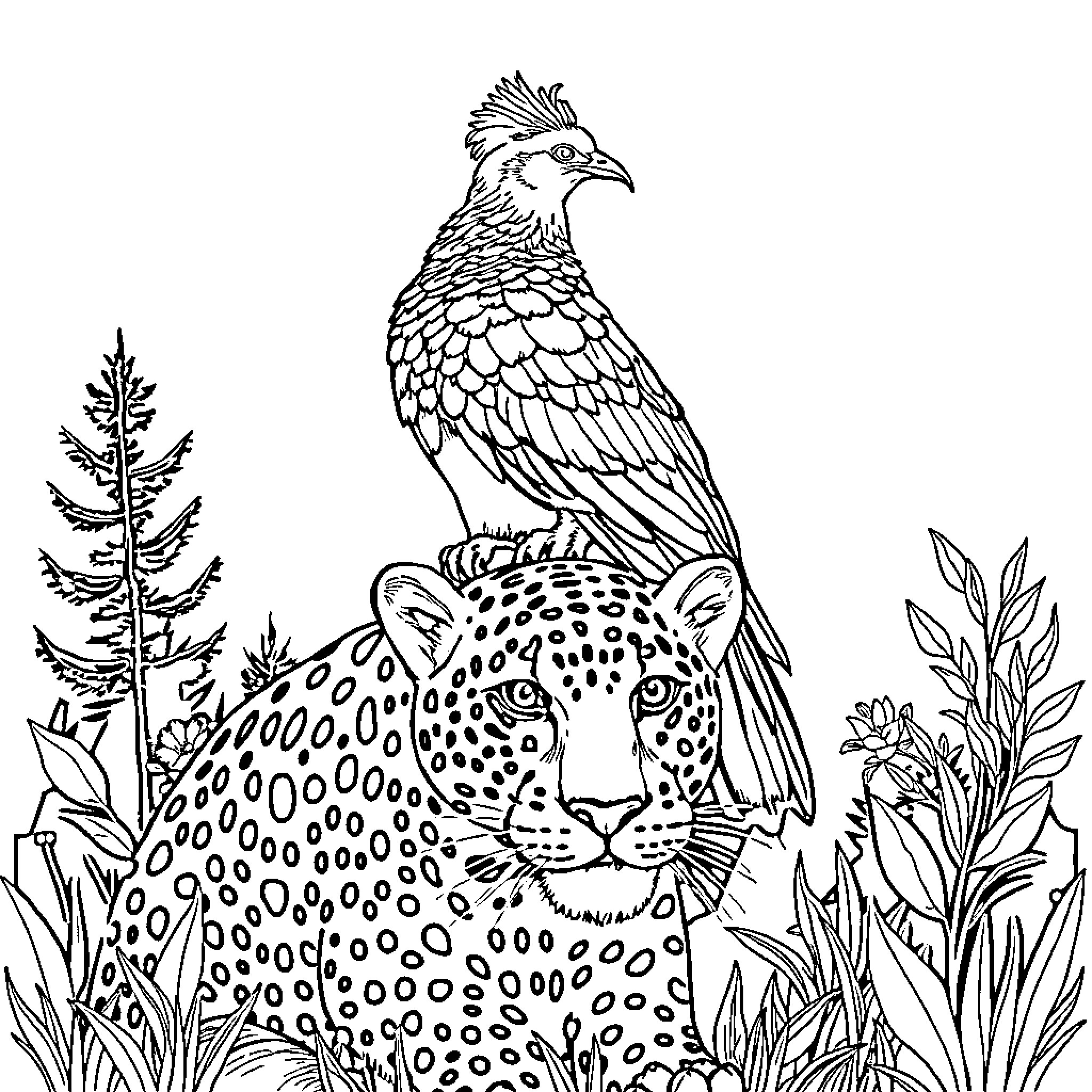 Pavo Real Regal Bird Perched on Spotted Feline Coloring Page (free black-and-white line drawing printable PDF for all, from beginners to advanced learners, including children, teens, adults, and seniors)