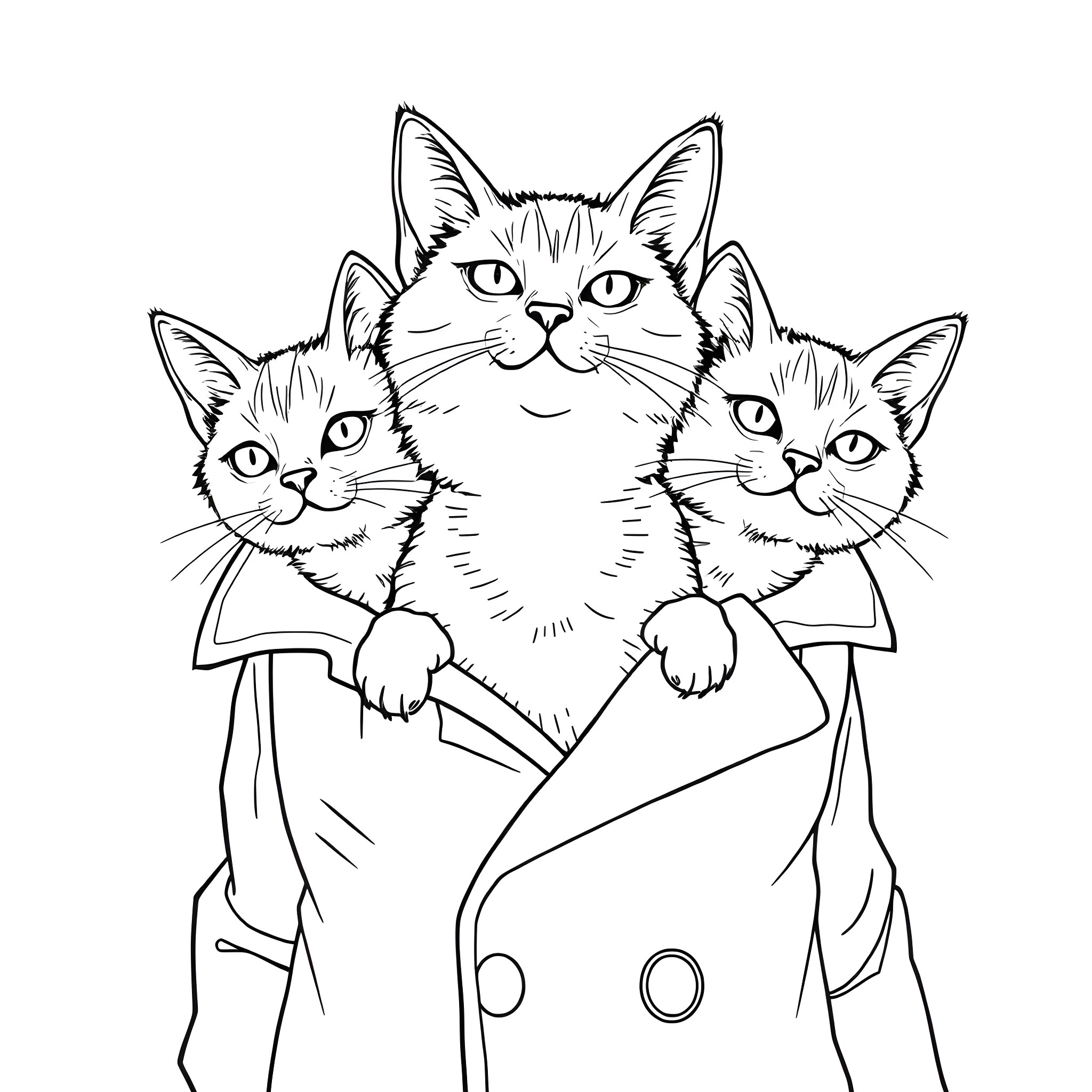 Cats wearing coats and hats Coloring Page (free black-and-white line drawing printable PDF for all, from beginners to advanced learners, including children, teens, adults, and seniors)
