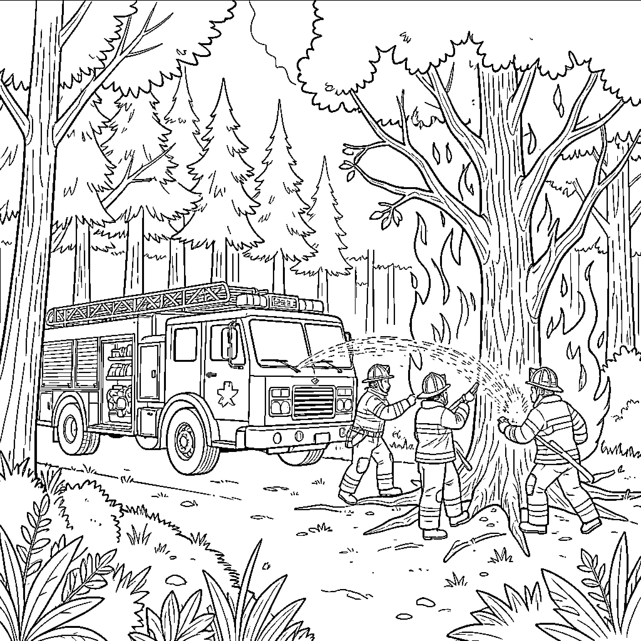 Camion de Pompier fighting a forest fire Coloring Page (free black-and-white line drawing printable PDF for all, from beginners to advanced learners, including children, teens, adults, and seniors)