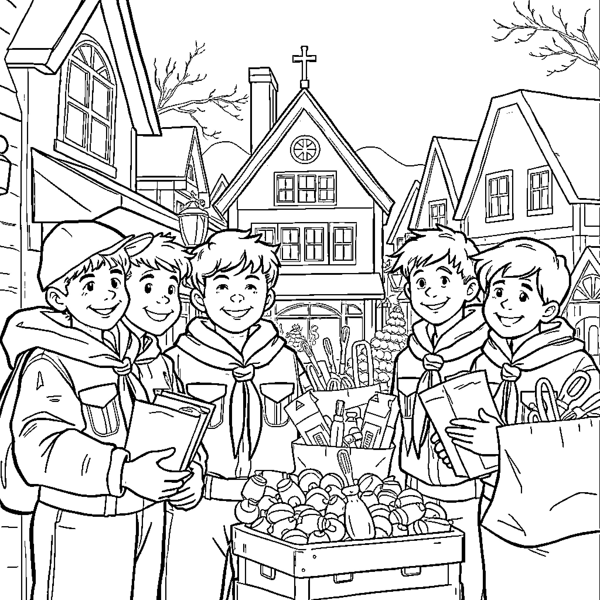 Boy Scout Troop Selling Goods in Town Coloring Page (free black-and-white line drawing printable PDF for all, from beginners to advanced learners, including children, teens, adults, and seniors)