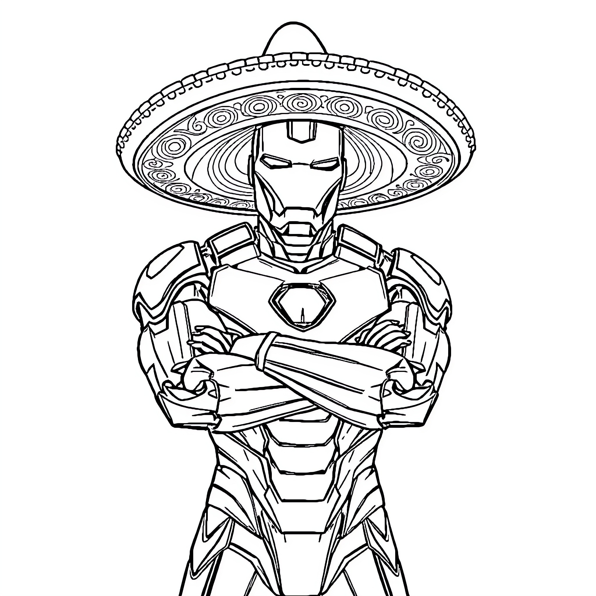 Iron Man in Sombrero Striking Heroic Pose Coloring Page (free black-and-white line drawing printable PDF for all, from beginners to advanced learners, including children, teens, adults, and seniors)