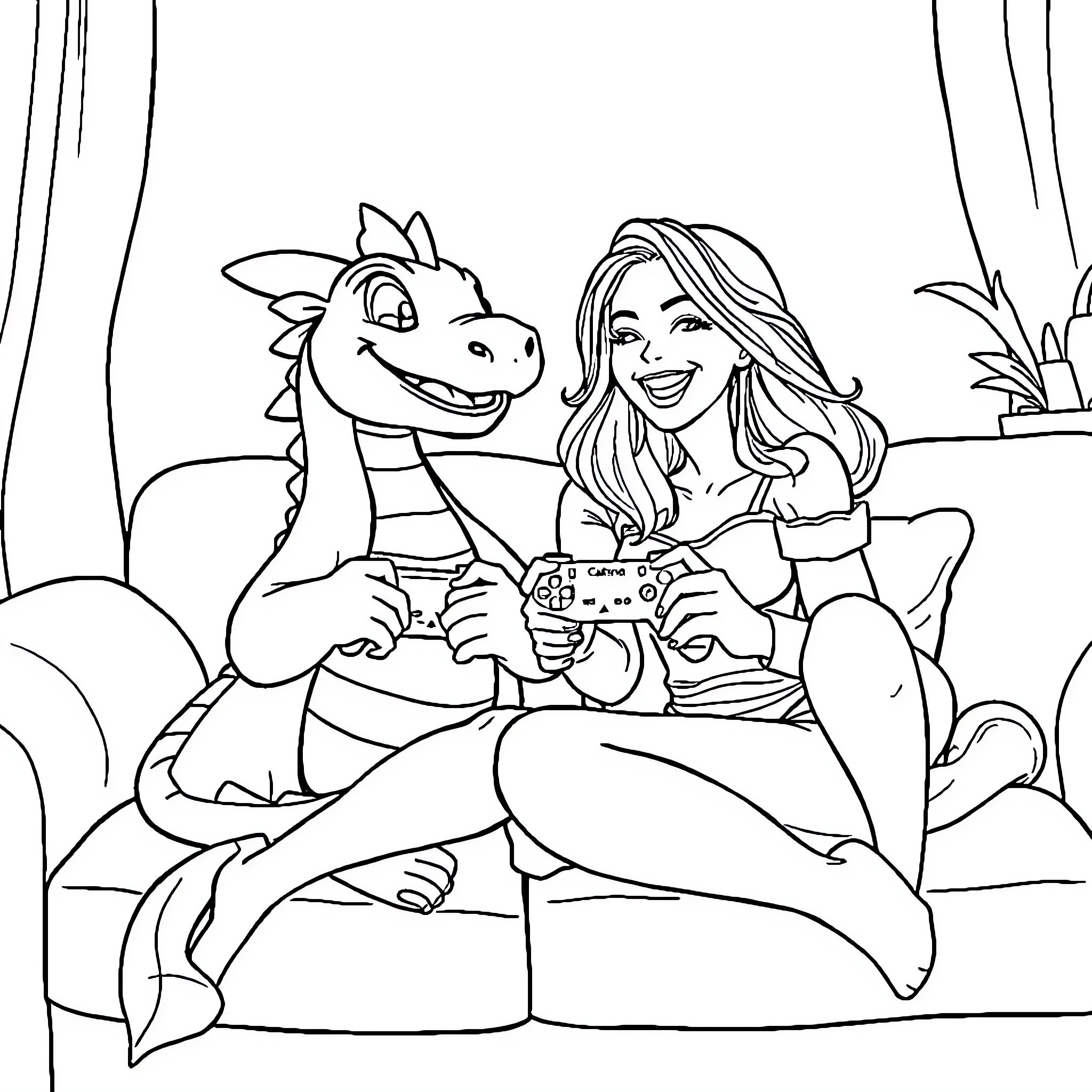 Dragon and Woman Playing Video Games Coloring Page (free black-and-white line drawing printable PDF for all, from beginners to advanced learners, including children, teens, adults, and seniors)
