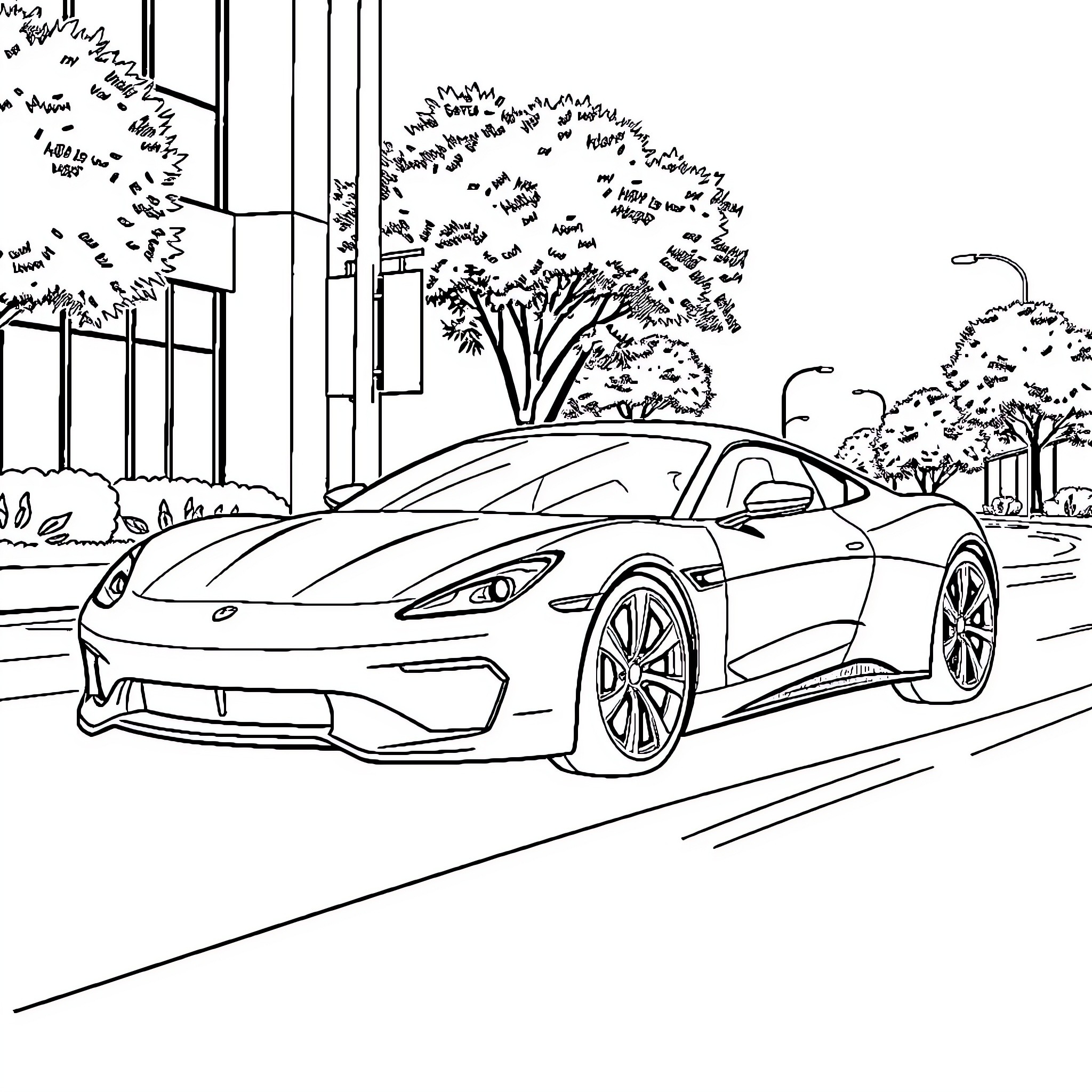 Car in an urban setting with trees and buildings Coloring Page (free black-and-white line drawing printable PDF for all, from beginners to advanced learners, including children, teens, adults, and seniors)