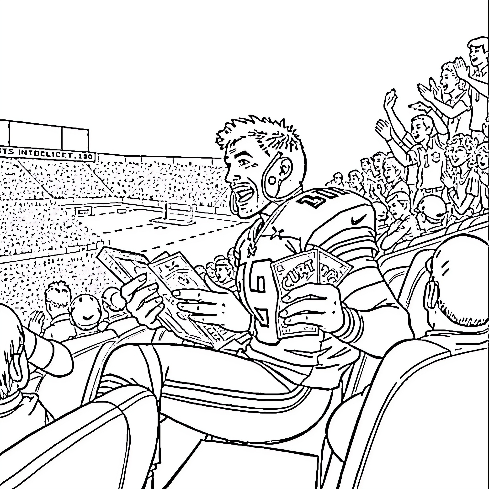 Football Player Celebrating Victory in Stadium Coloring Page (free black-and-white line drawing printable PDF for all, from beginners to advanced learners, including children, teens, adults, and seniors)