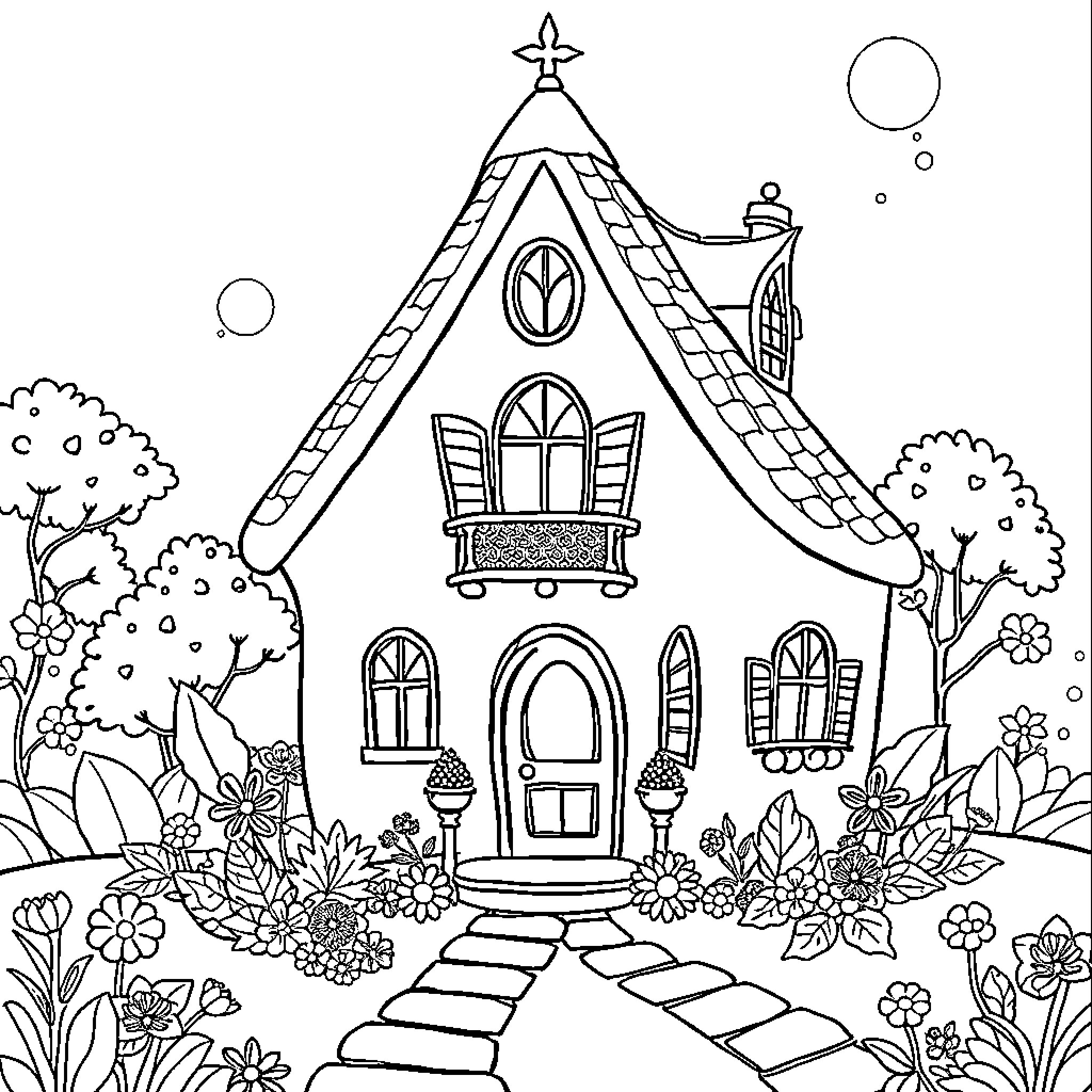 House with enchanted garden and whimsical details Coloring Page (free black-and-white line drawing printable PDF for all, from beginners to advanced learners, including children, teens, adults, and seniors)