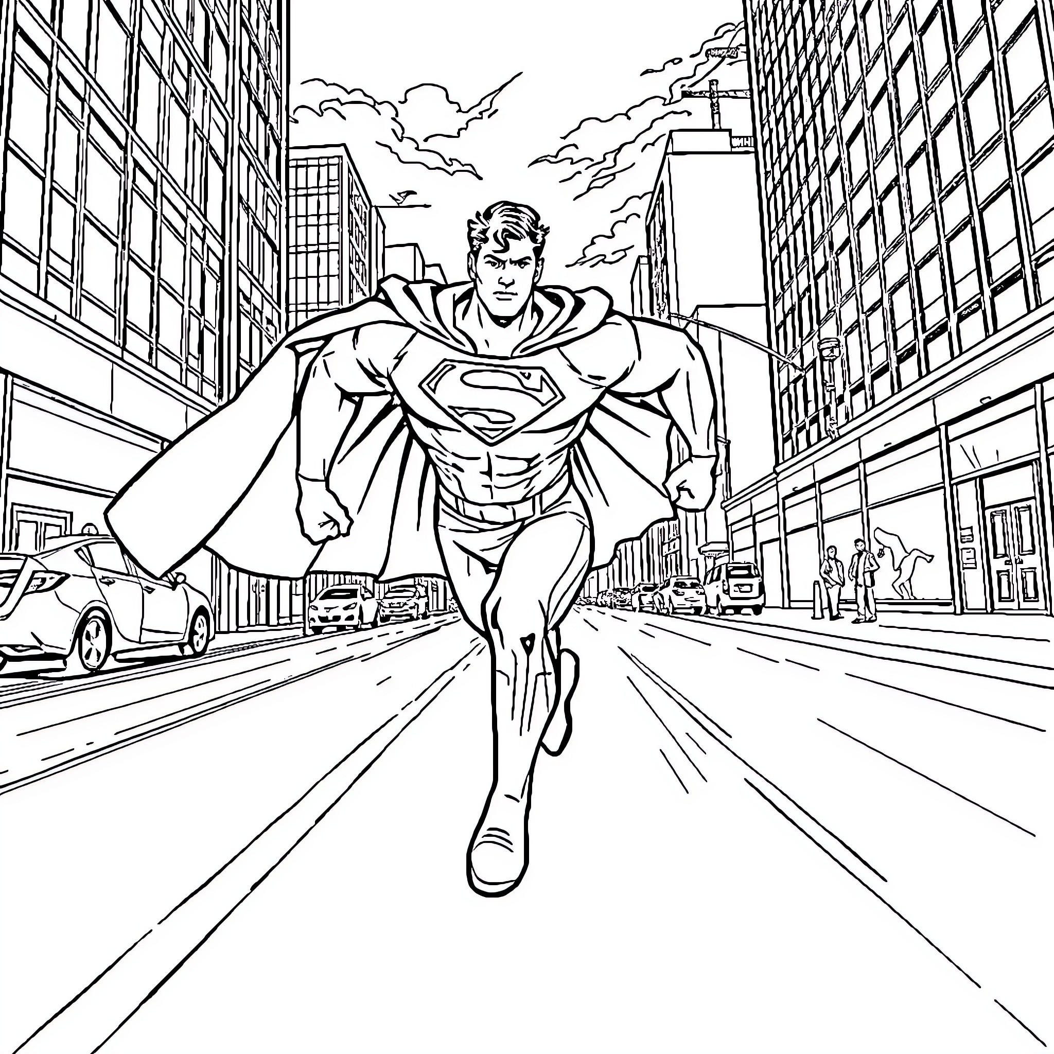 Superman flying heroically through the city Coloring Page (free black-and-white line drawing printable PDF for all, from beginners to advanced learners, including children, teens, adults, and seniors)